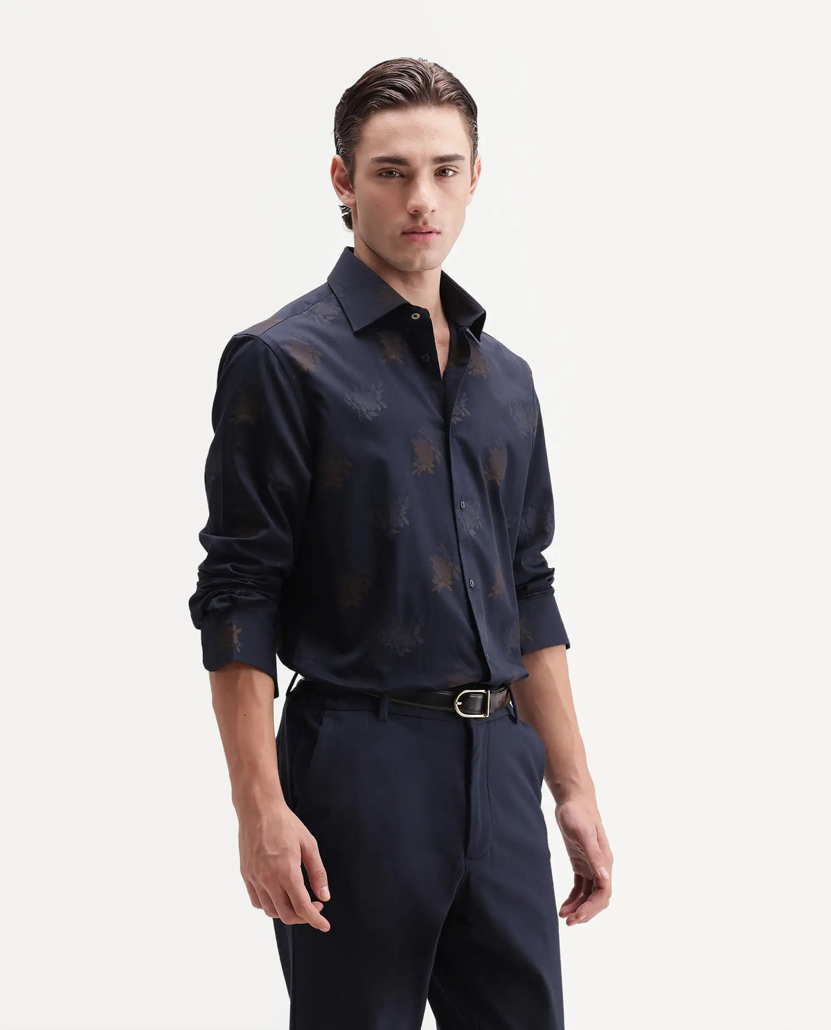 Rare Rabbit Men's Tremont Navy Cotton Button Regular Fit Jacquard Shirt
