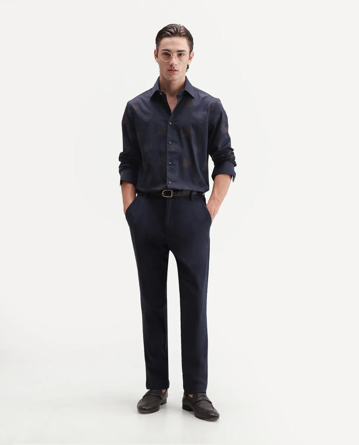Rare Rabbit Men's Tremont Navy Cotton Button Regular Fit Jacquard Shirt