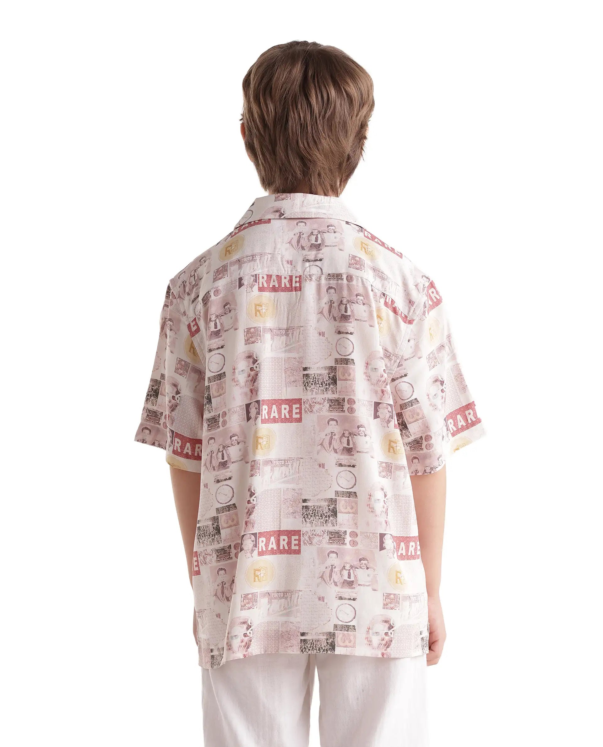 Rare Ones Kids Hage-26 Beige Cotton Blend Fabric Button Closure Digital Print Shirt