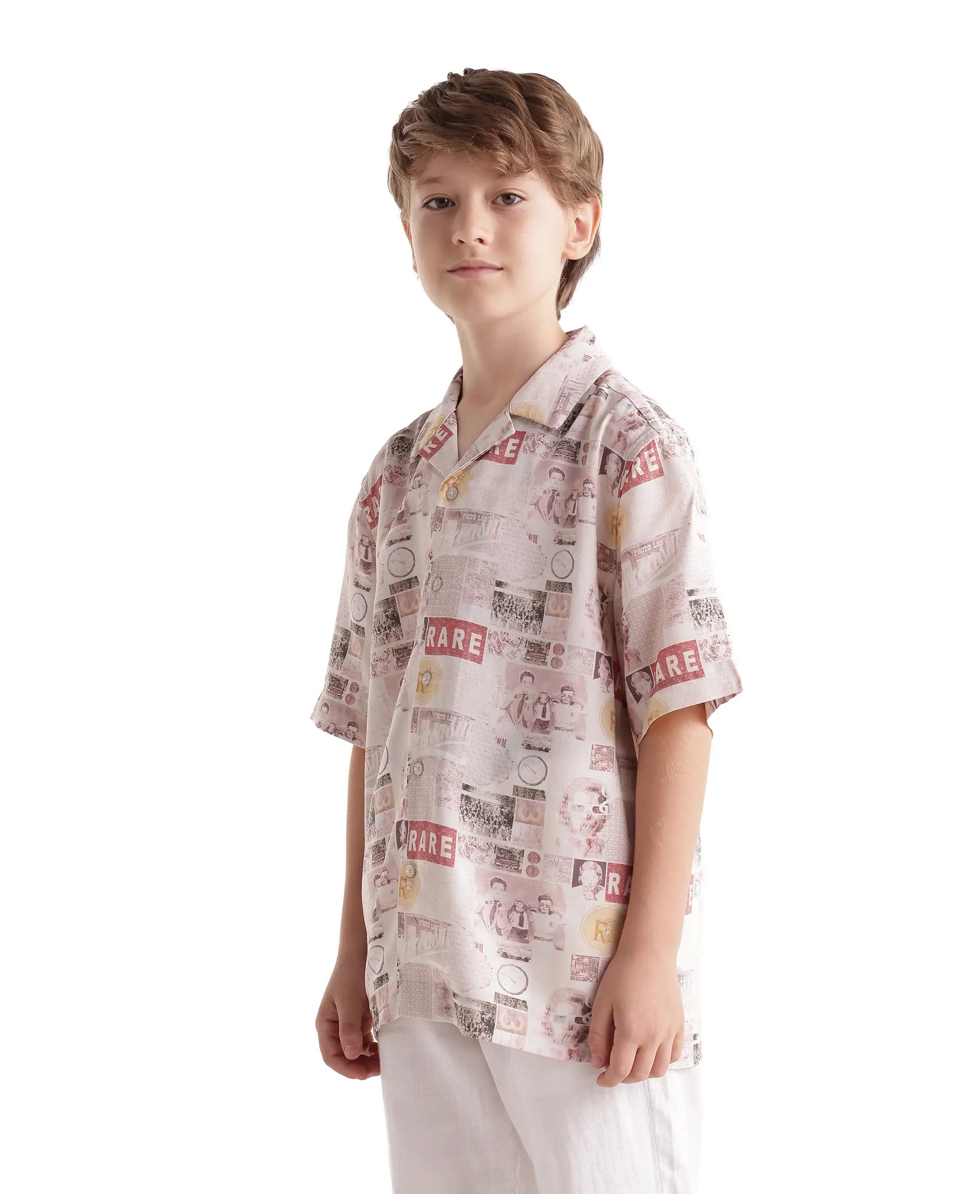 Rare Ones Kids Hage-26 Beige Cotton Blend Fabric Button Closure Digital Print Shirt