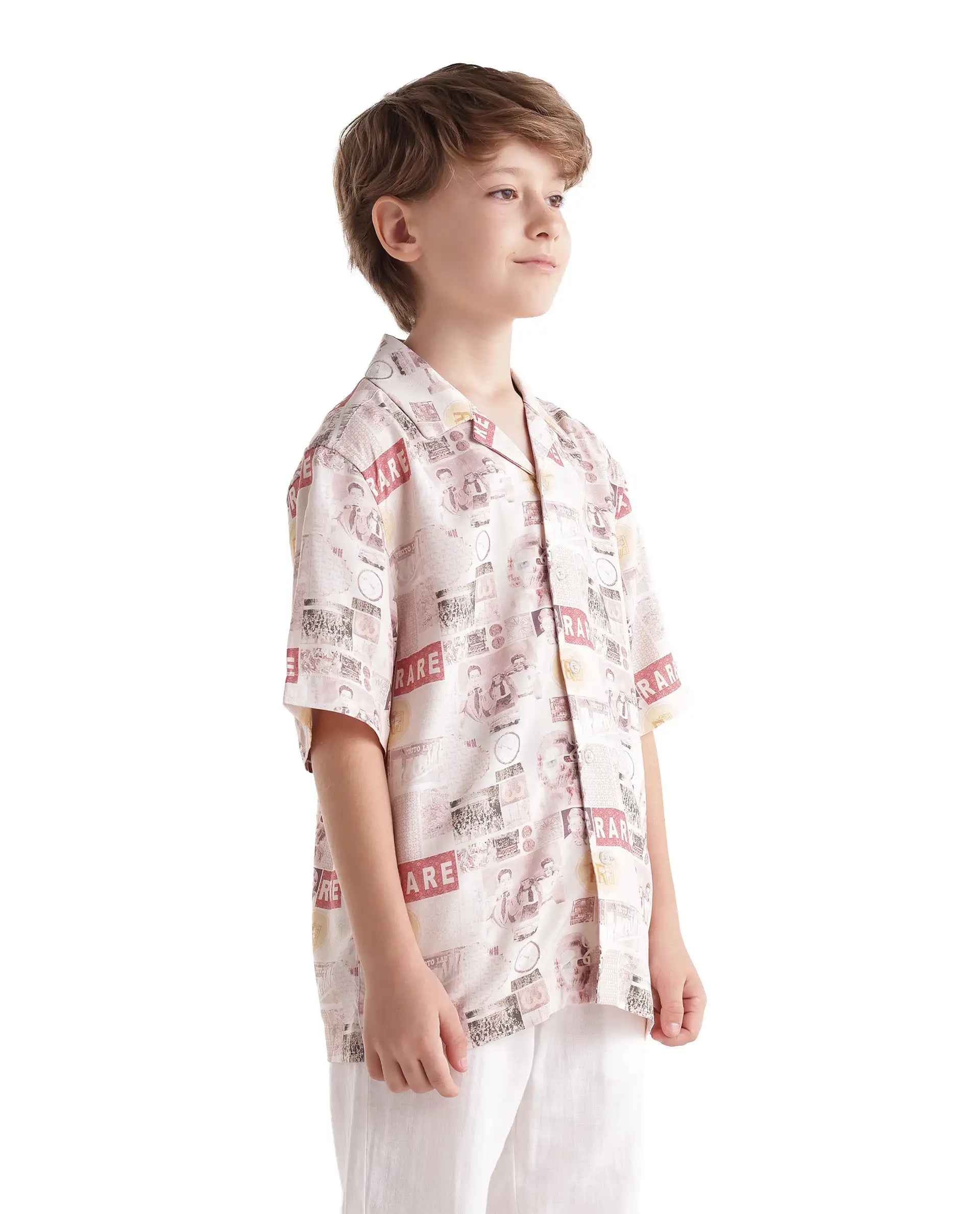 Rare Ones Kids Hage-26 Beige Cotton Blend Fabric Button Closure Digital Print Shirt