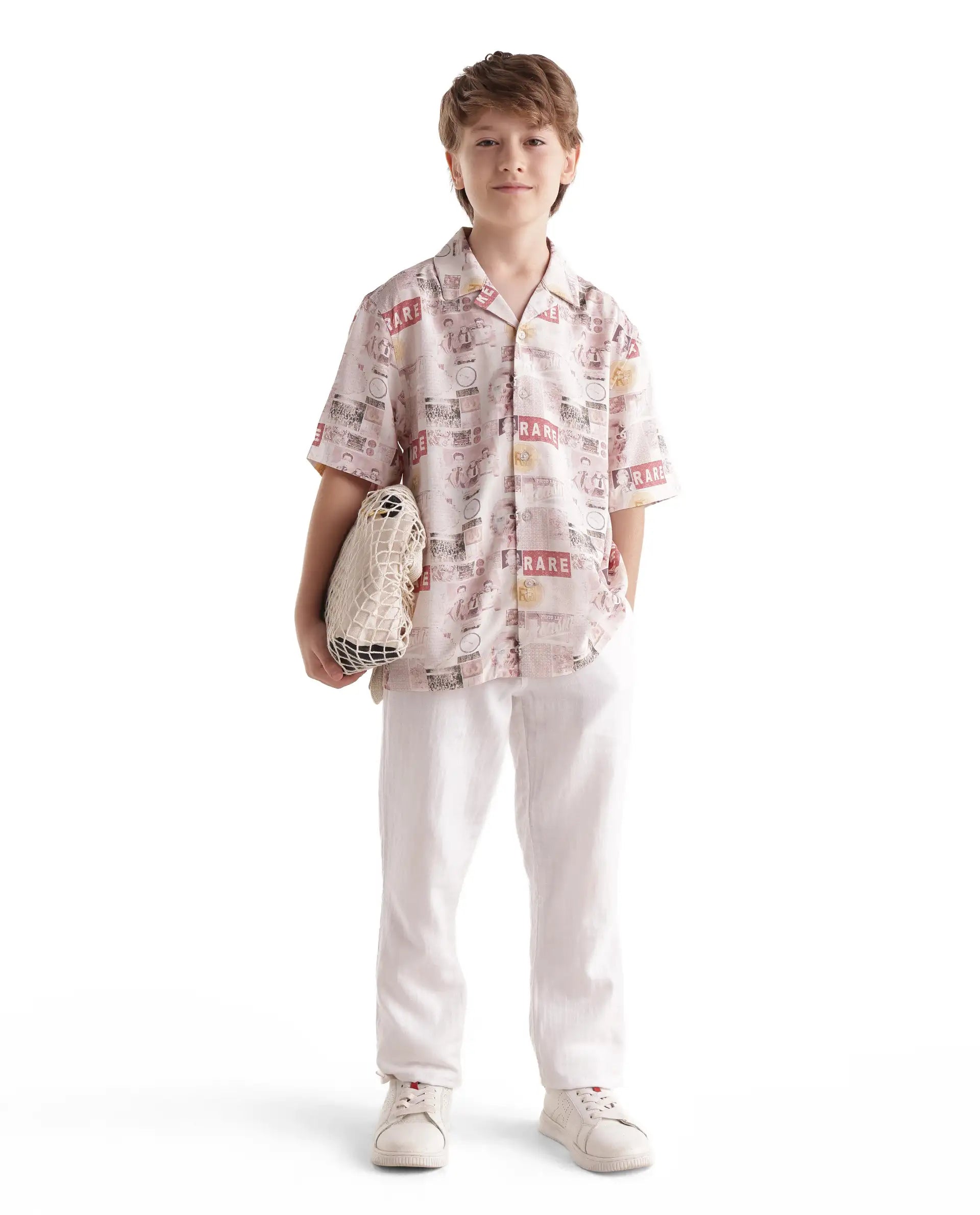 Rare Ones Kids Hage-26 Beige Cotton Blend Fabric Button Closure Digital Print Shirt