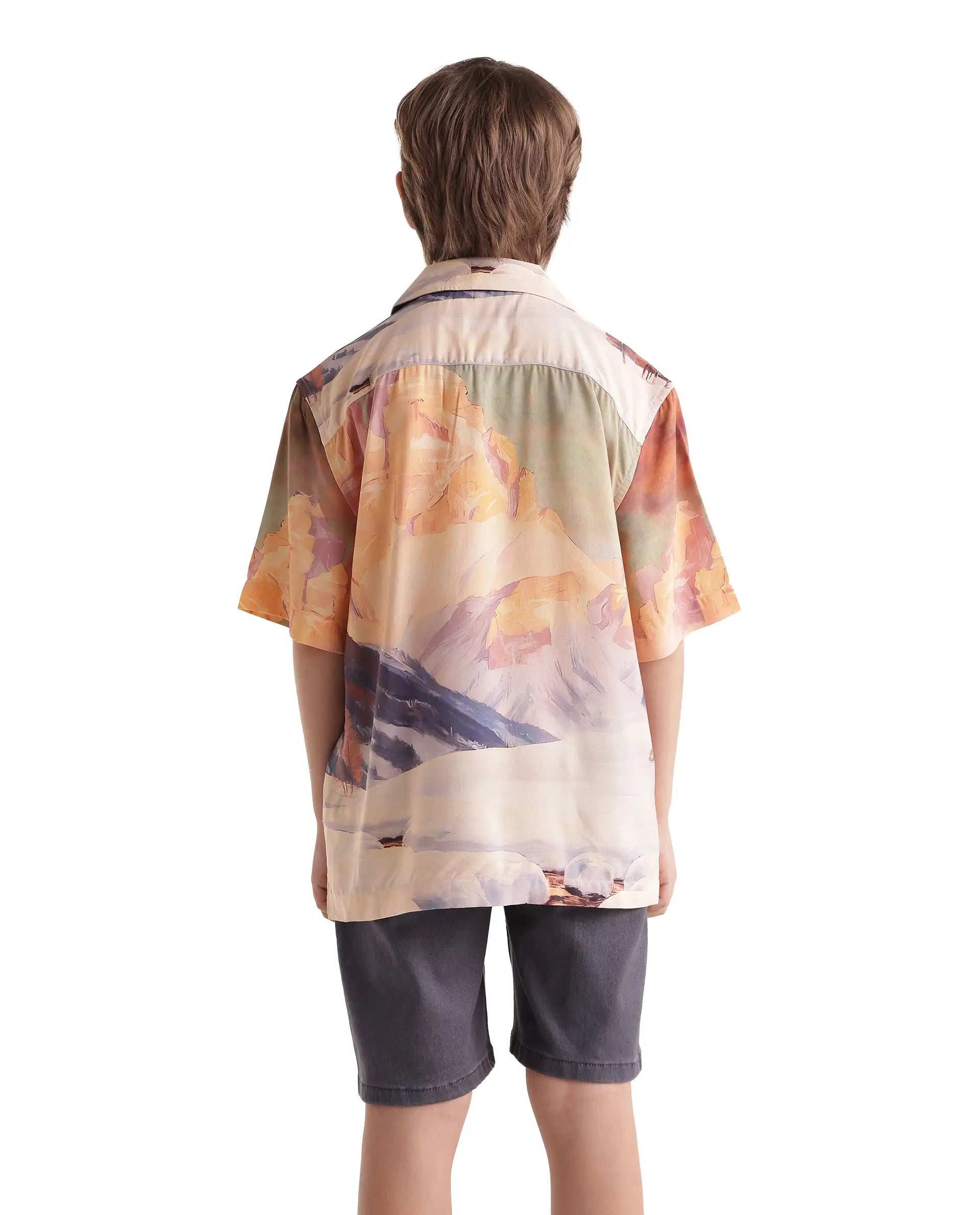 Rare Ones Kids Chilo-26 Light Orange Cotton Blend Fabric Button Closure Digital Print Shirt