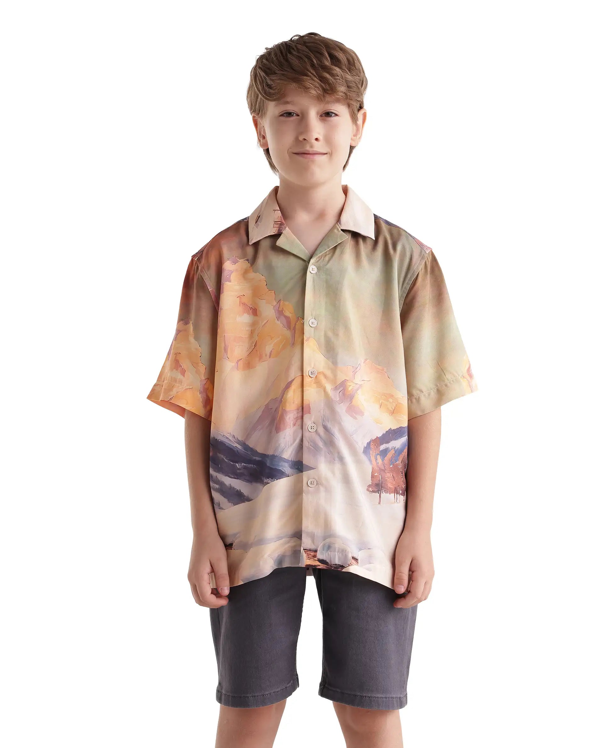 Rare Ones Kids Chilo-26 Light Orange Cotton Blend Fabric Button Closure Digital Print Shirt
