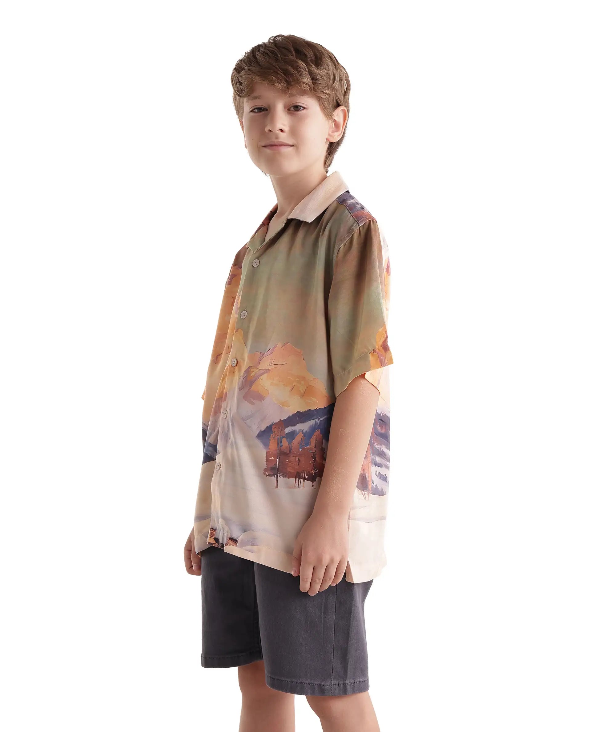 Rare Ones Kids Chilo-26 Light Orange Cotton Blend Fabric Button Closure Digital Print Shirt
