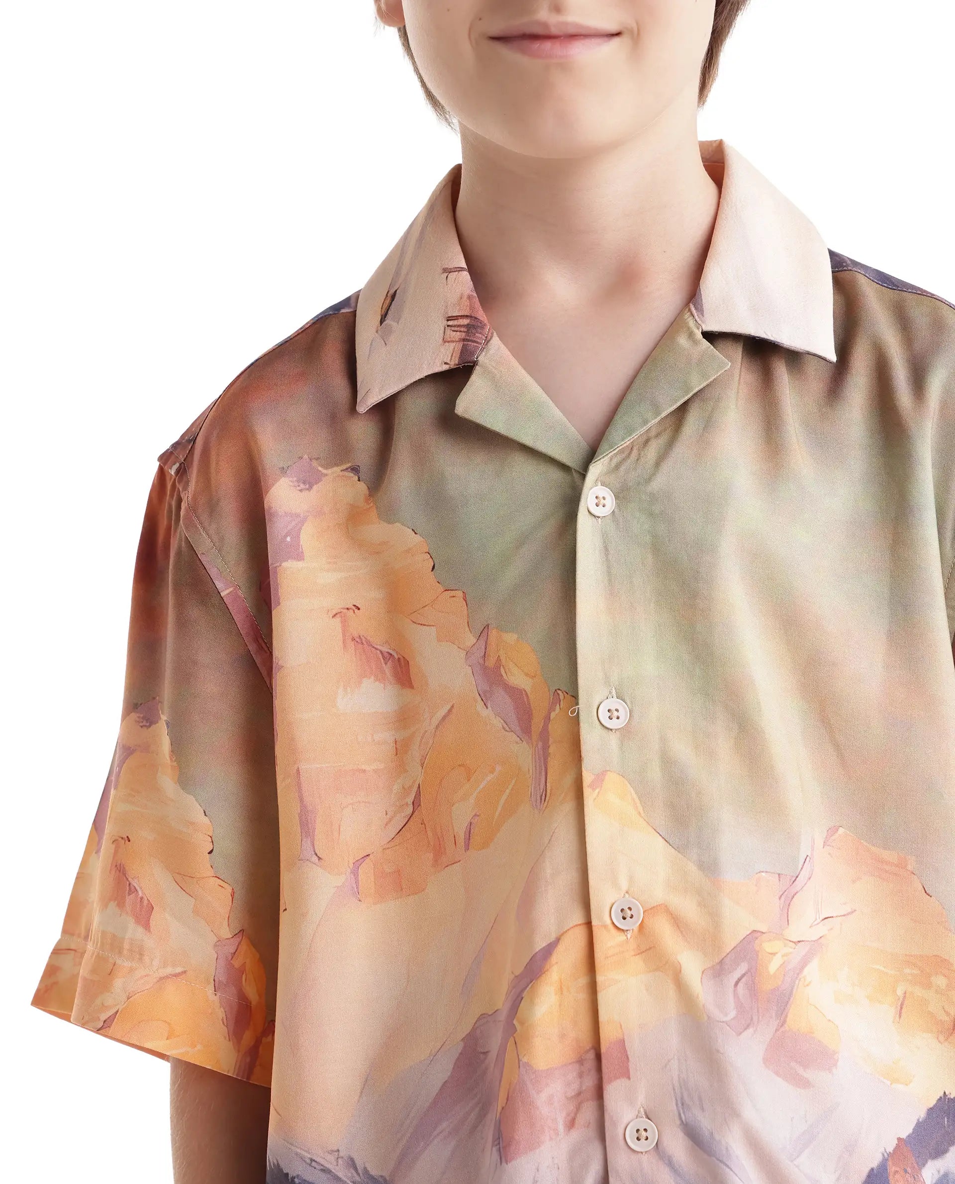 Rare Ones Kids Chilo-26 Light Orange Cotton Blend Fabric Button Closure Digital Print Shirt