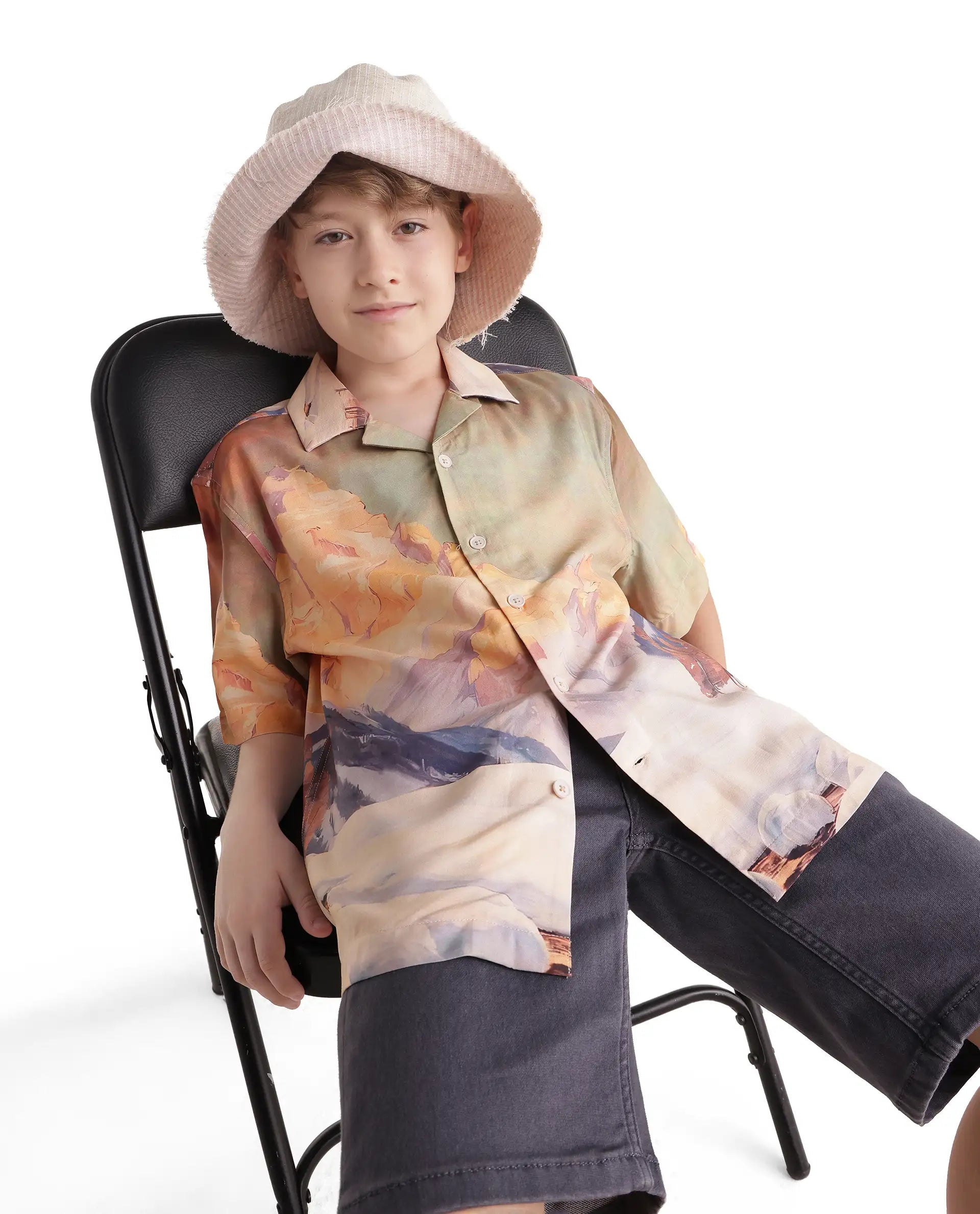 Rare Ones Kids Chilo-26 Light Orange Cotton Blend Fabric Button Closure Digital Print Shirt