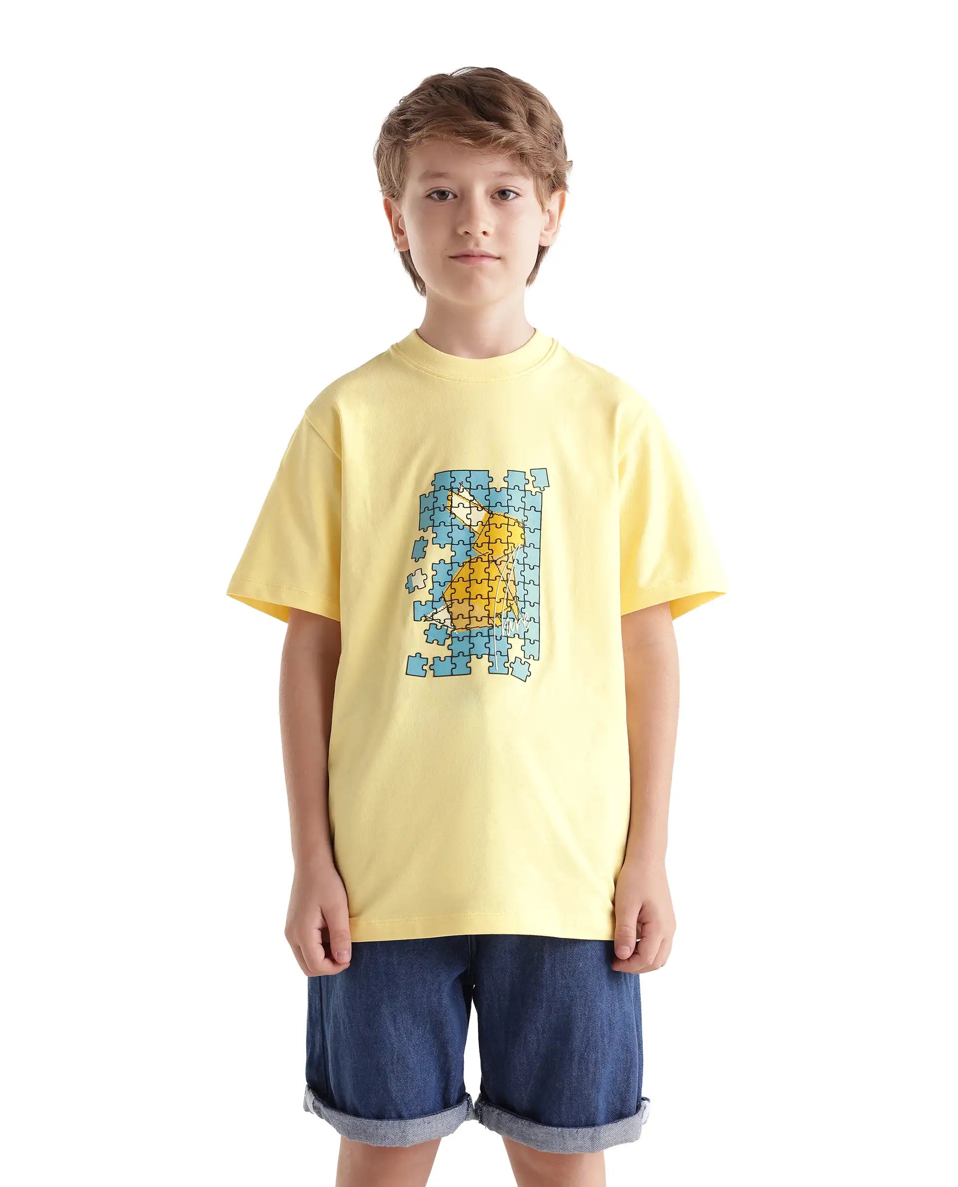 Rare Ones Kids Alarc Light Yellow Cotton Blend Fabric Pull-On Regular Fit Graphic Print T-Shirt