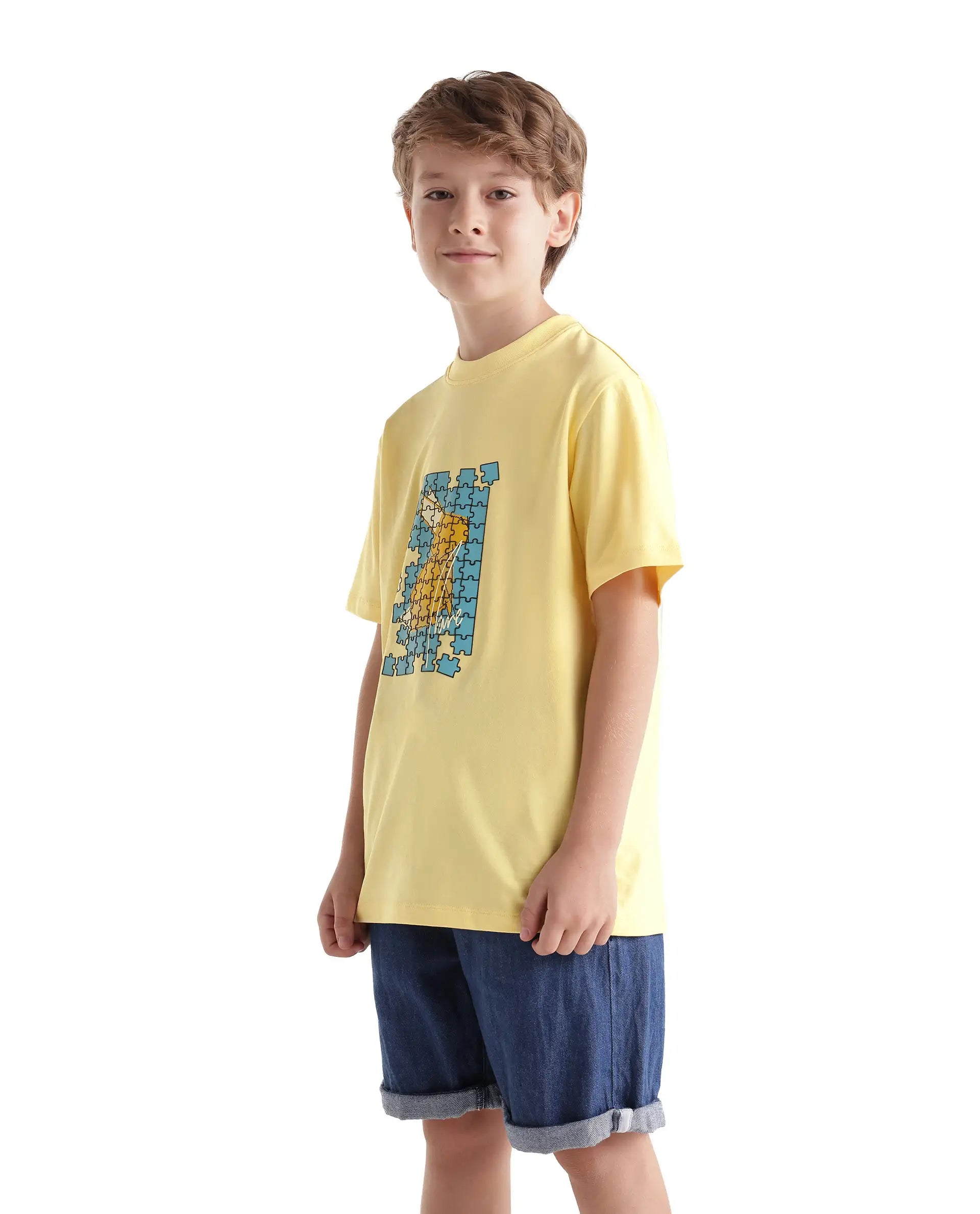 Rare Ones Kids Alarc Light Yellow Cotton Blend Fabric Pull-On Regular Fit Graphic Print T-Shirt