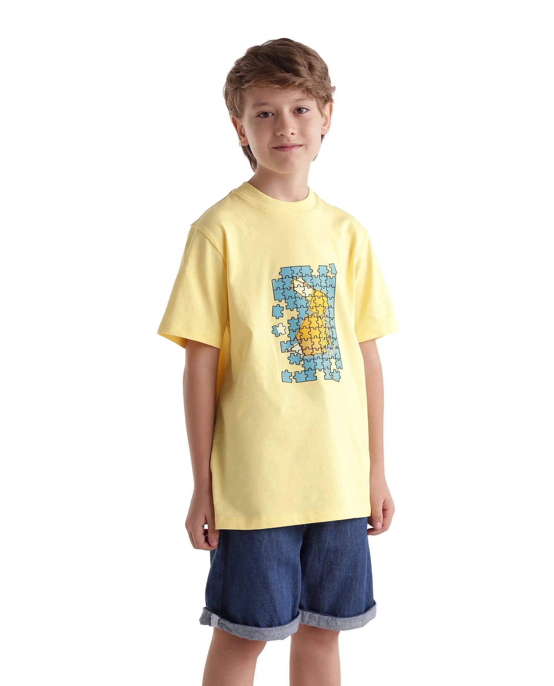 Rare Ones Kids Alarc Light Yellow Cotton Blend Fabric Pull-On Regular Fit Graphic Print T-Shirt