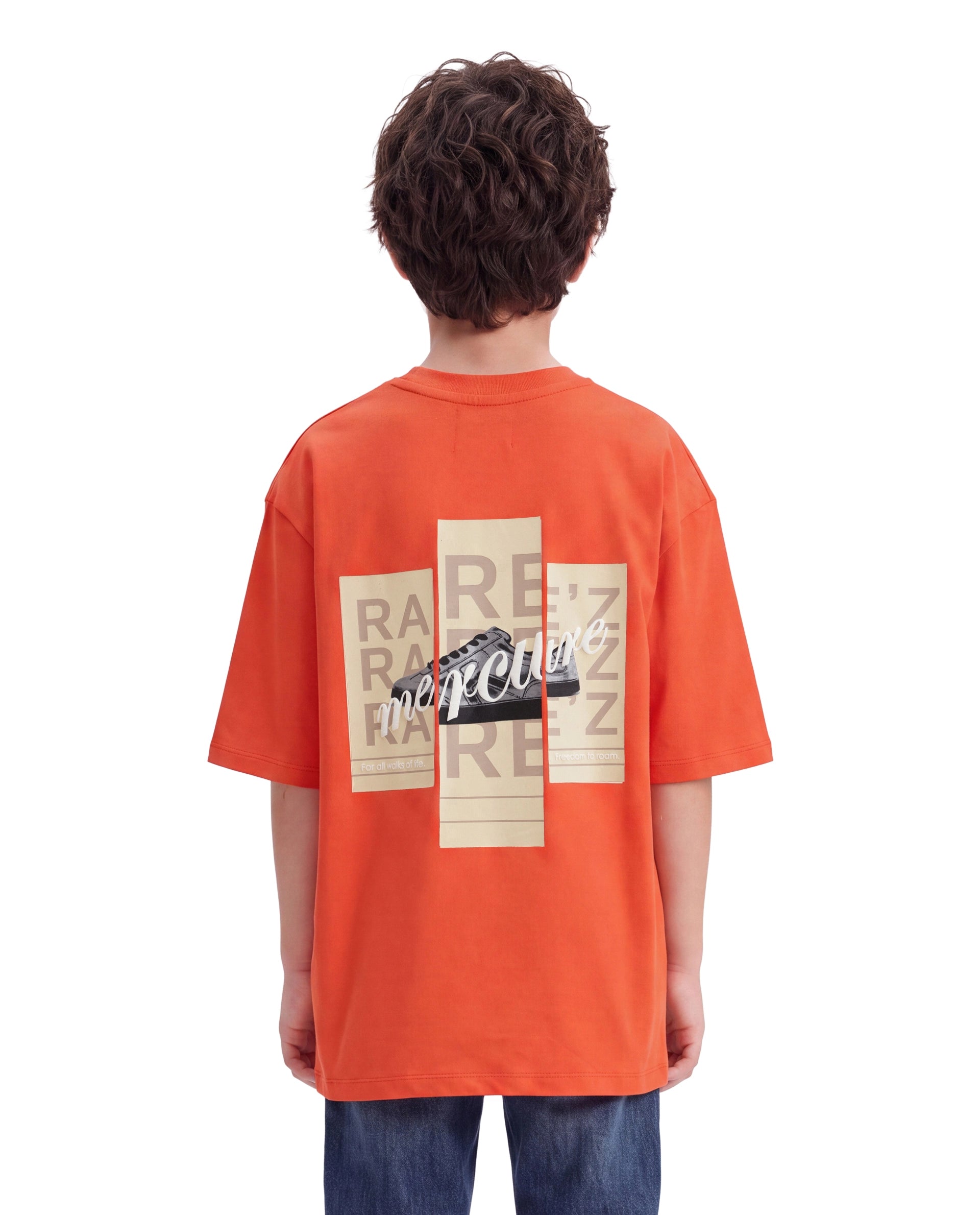 Rare Ones Kids Merc-26 Orange Cotton Fabric Pull-On Oversized Fit Graphic Print T-Shirt