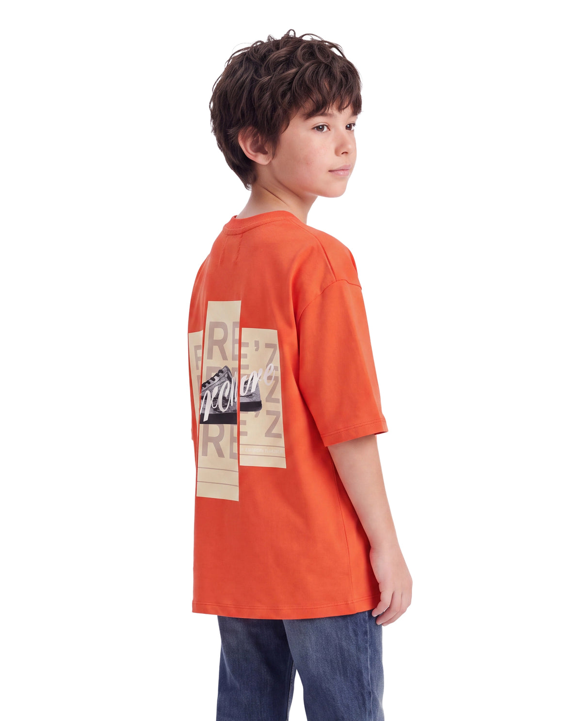 Rare Ones Kids Merc-26 Orange Cotton Fabric Pull-On Oversized Fit Graphic Print T-Shirt