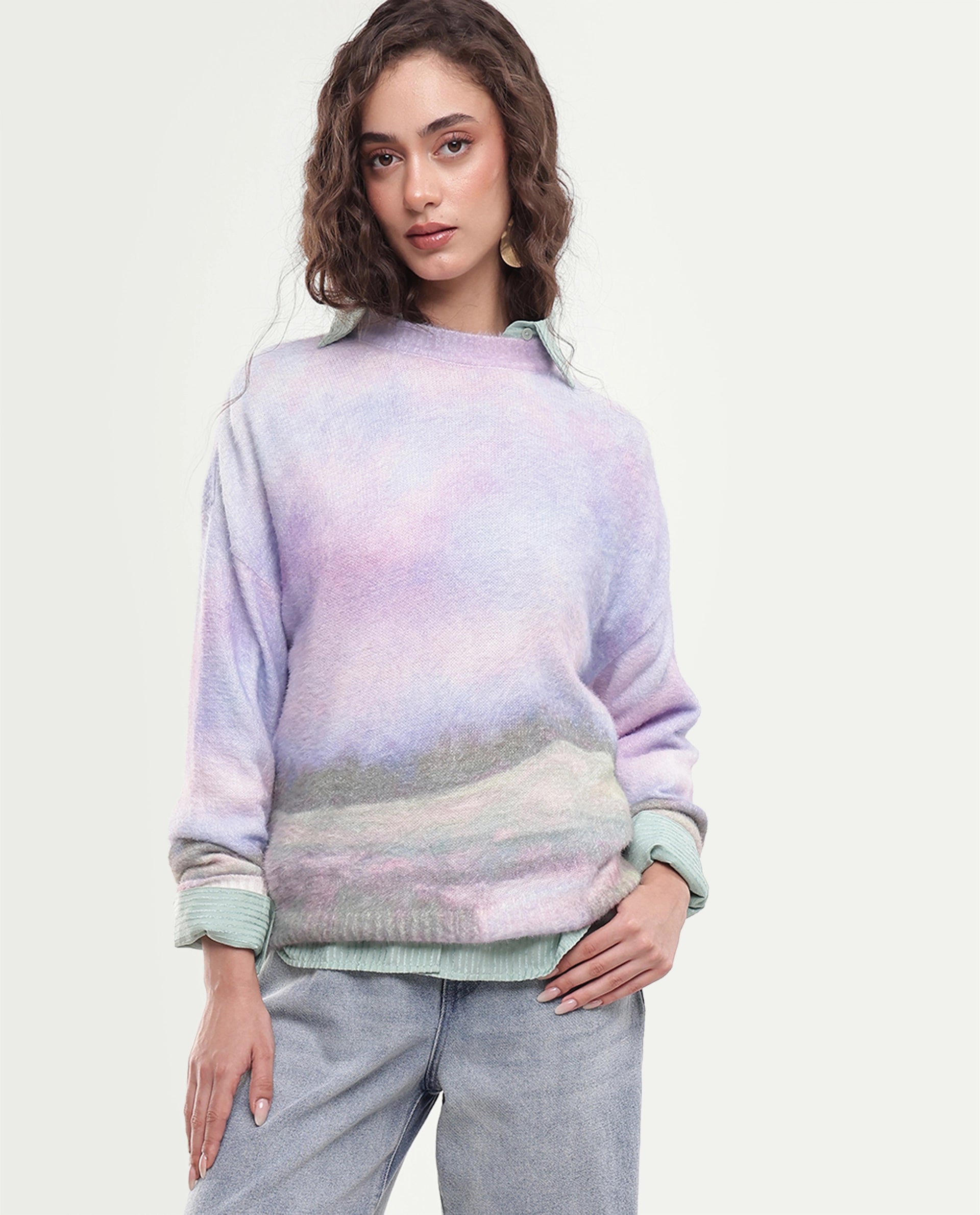 Rareism Women's Legi Light Multi Nylon Blend Pull-On Relaxed Fit Digital Print Sweater