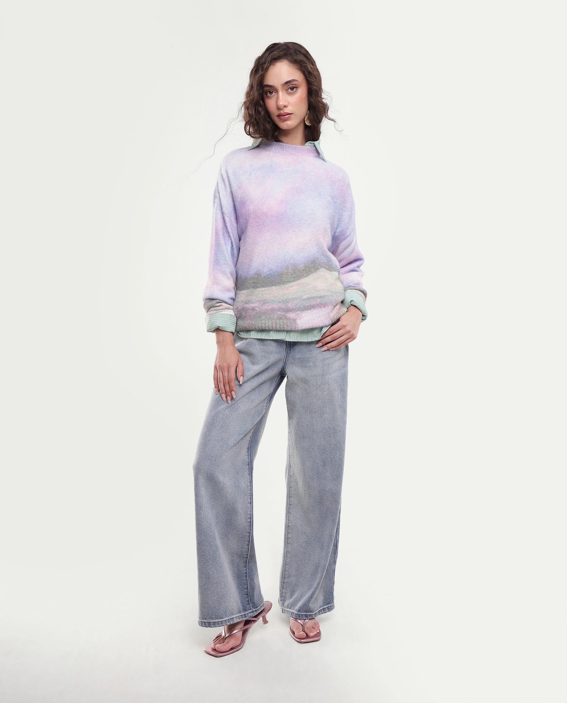 Rareism Women's Legi Light Multi Nylon Blend Pull-On Relaxed Fit Digital Print Sweater