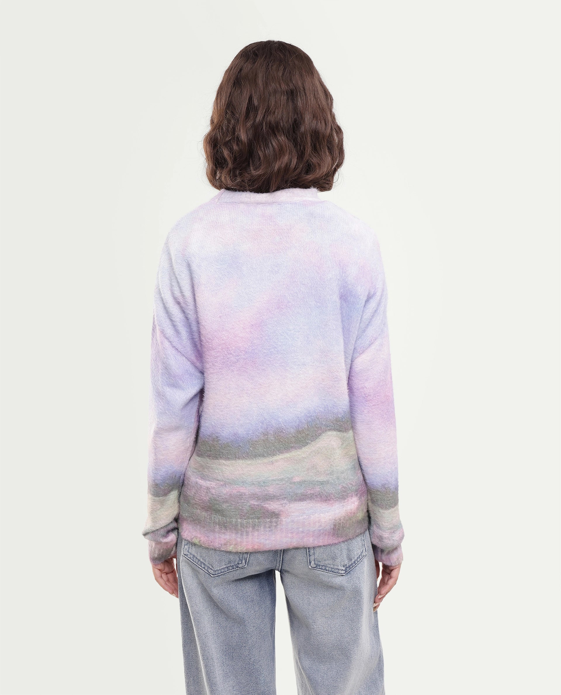 Rareism Women's Legi Light Multi Nylon Blend Pull-On Relaxed Fit Digital Print Sweater