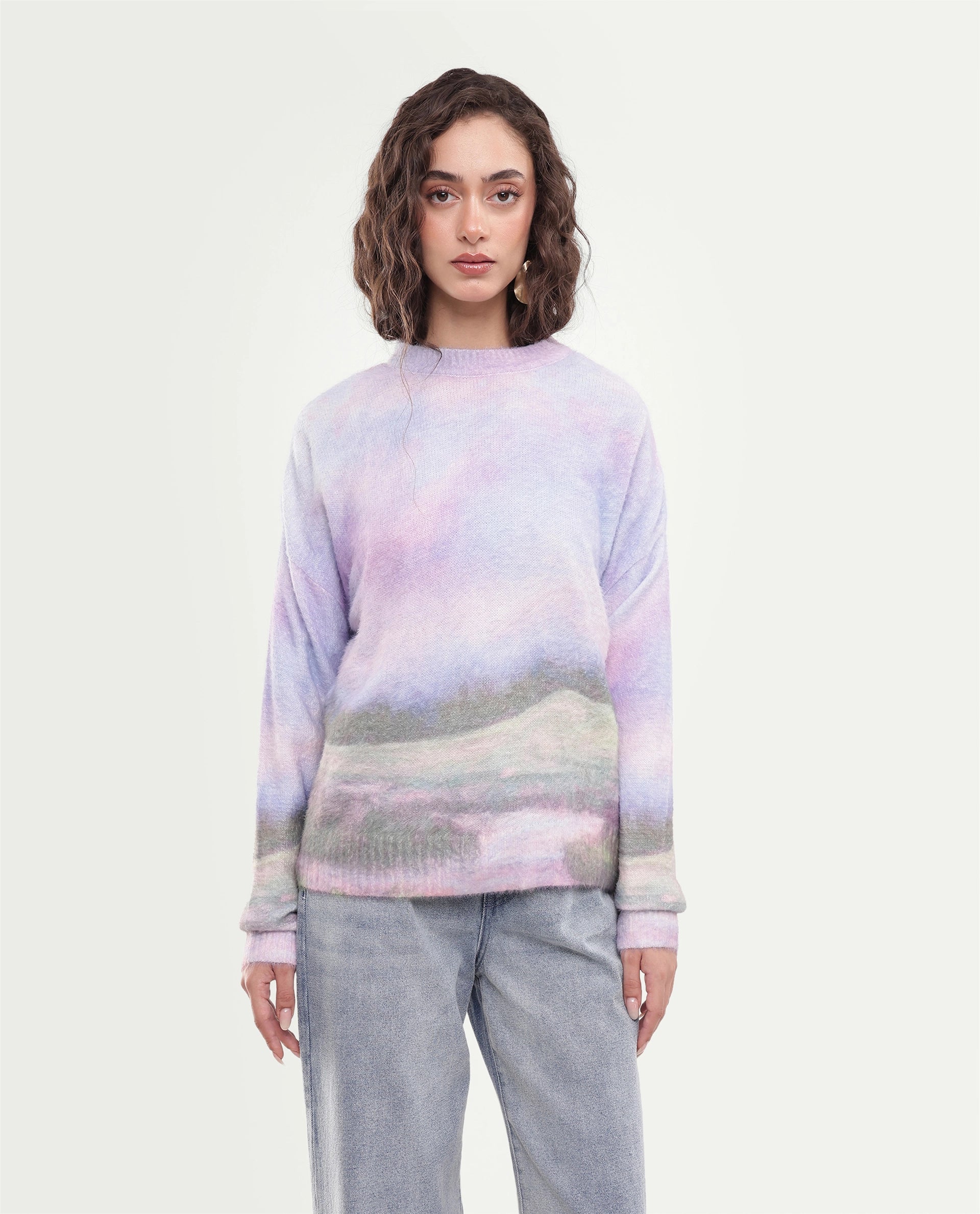 Rareism Women's Legi Light Multi Nylon Blend Pull-On Relaxed Fit Digital Print Sweater