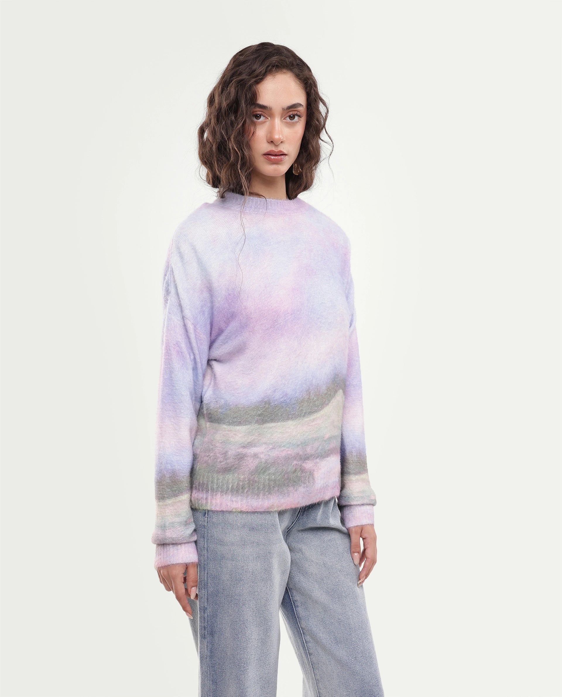 Rareism Women's Legi Light Multi Nylon Blend Pull-On Relaxed Fit Digital Print Sweater