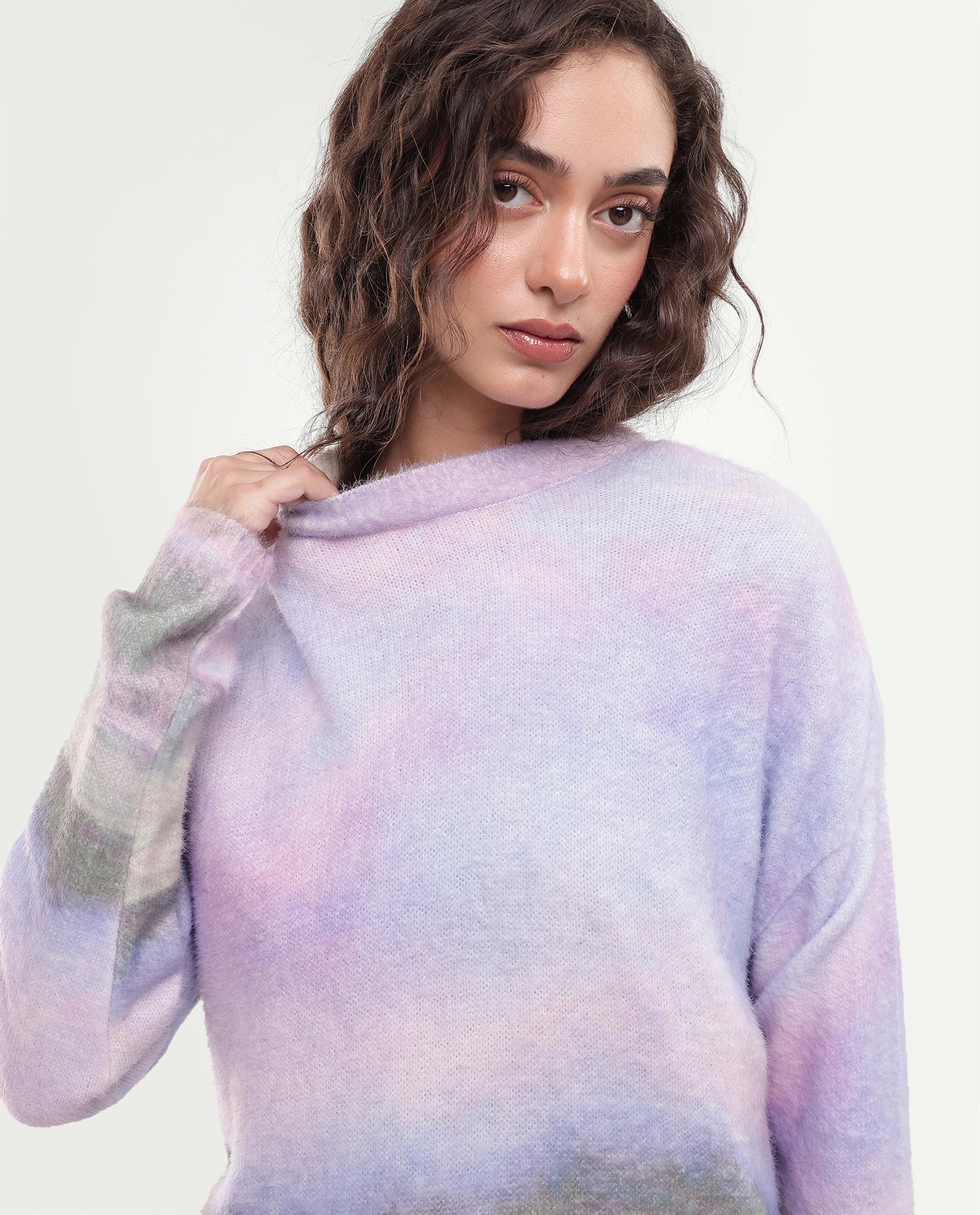 Rareism Women's Legi Light Multi Nylon Blend Pull-On Relaxed Fit Digital Print Sweater