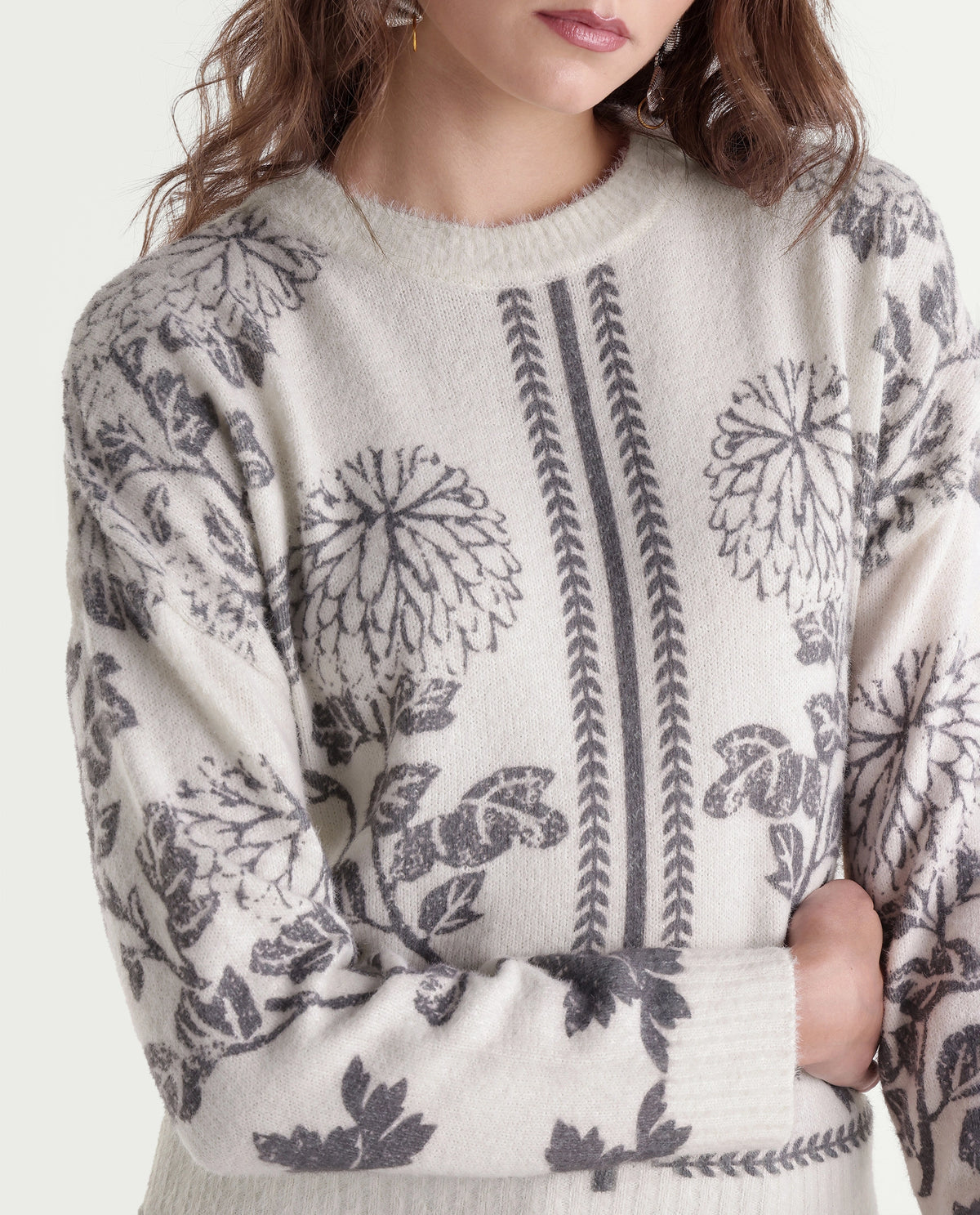 Rareism Women's Lerro Off White Nylon Blend Pull-On Relaxed Fit Floral Print Sweater