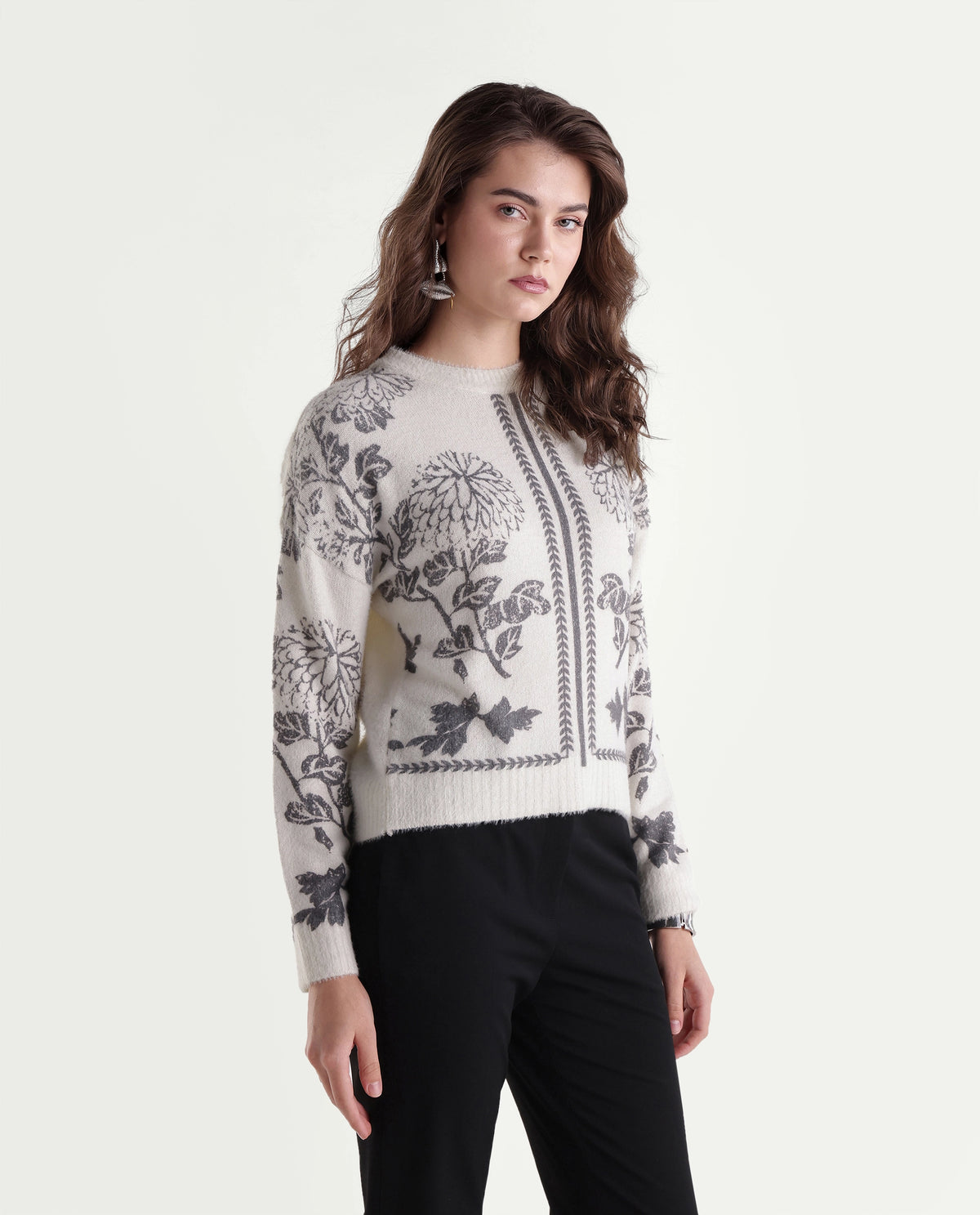 Rareism Women's Lerro Off White Nylon Blend Pull-On Relaxed Fit Floral Print Sweater