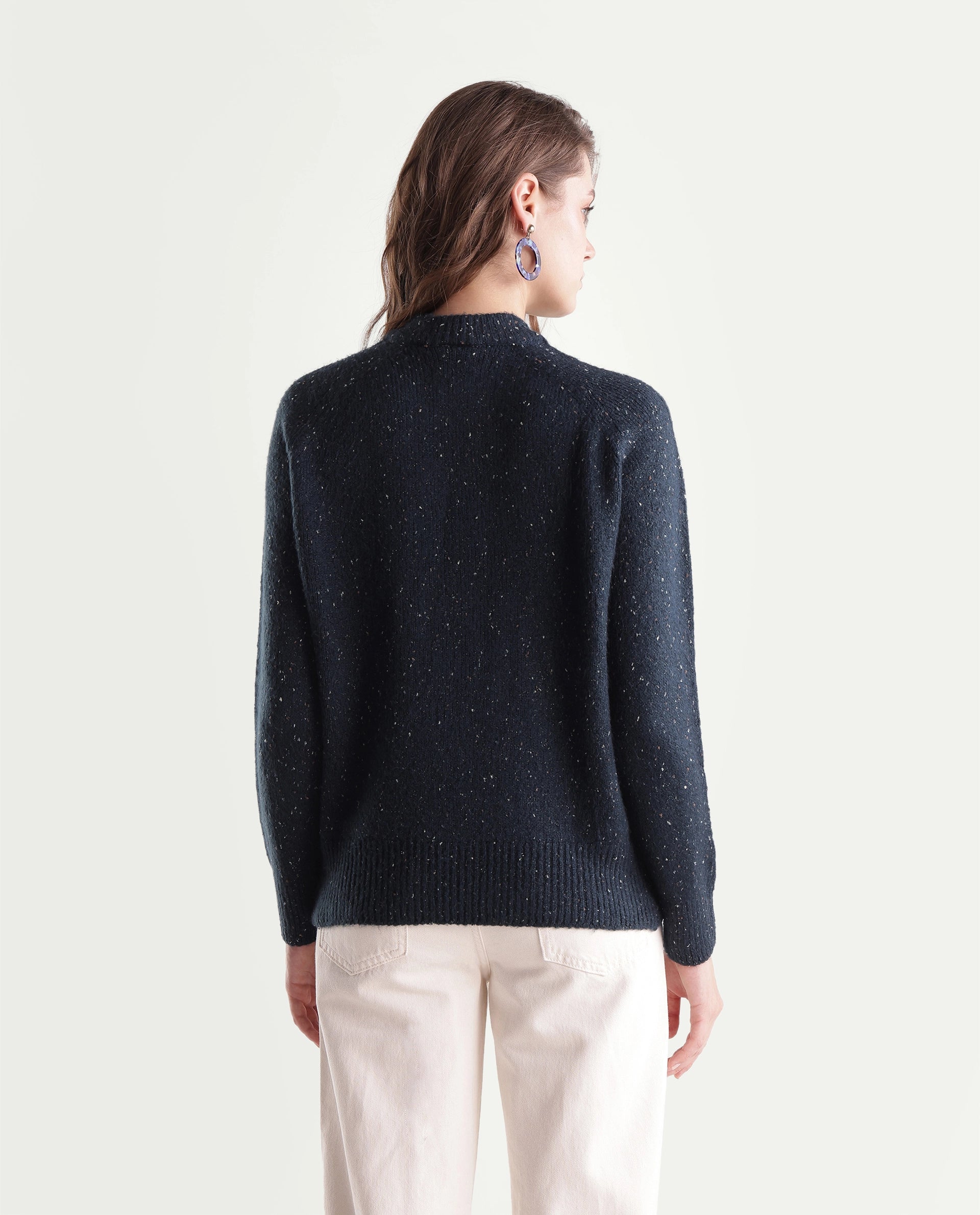 Rareism Women's Tinzolaw26 Dark Navy Acrylic Blend Pull-On Relaxed Fit Plain Sweater
