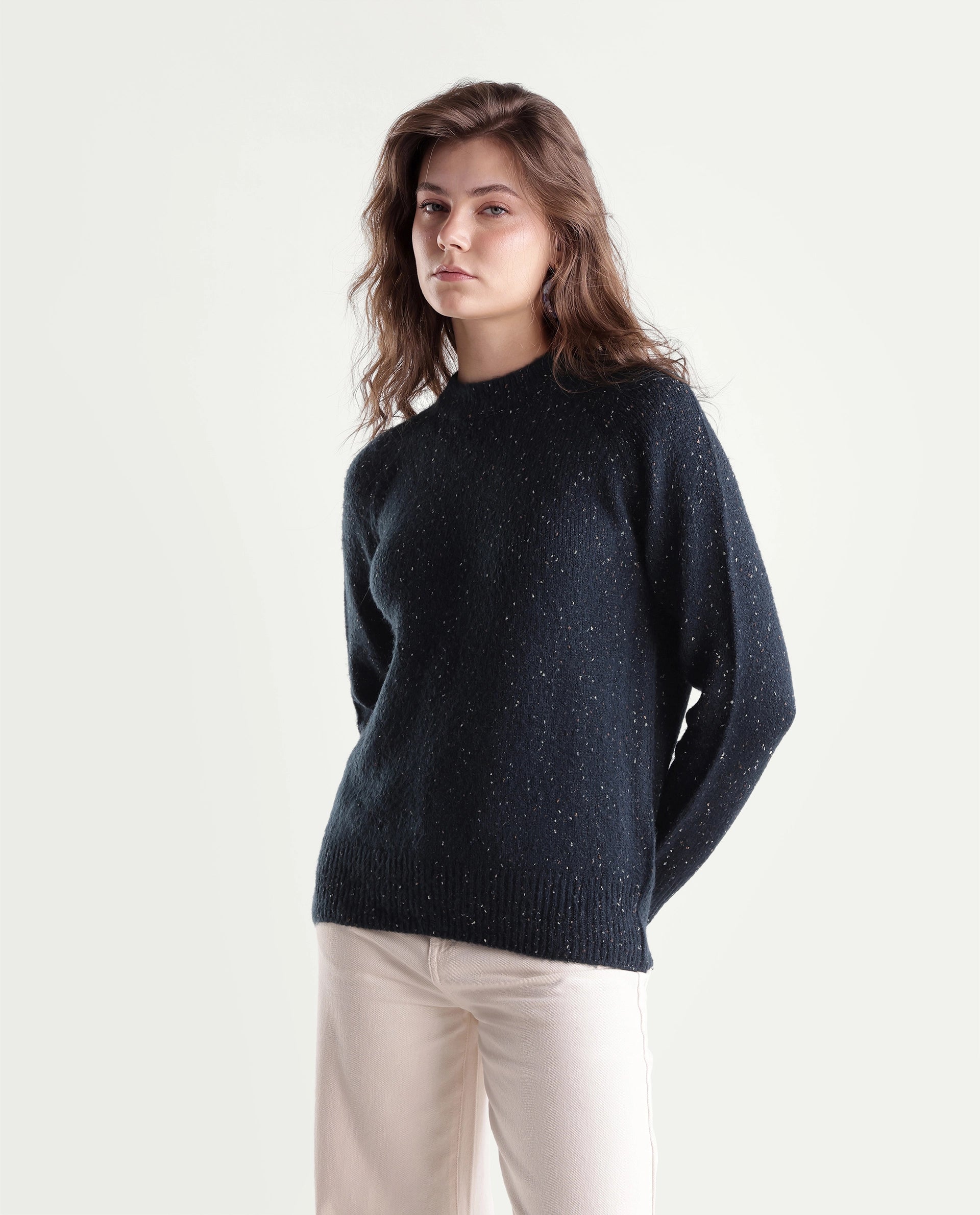 Rareism Women's Tinzolaw26 Dark Navy Acrylic Blend Pull-On Relaxed Fit Plain Sweater