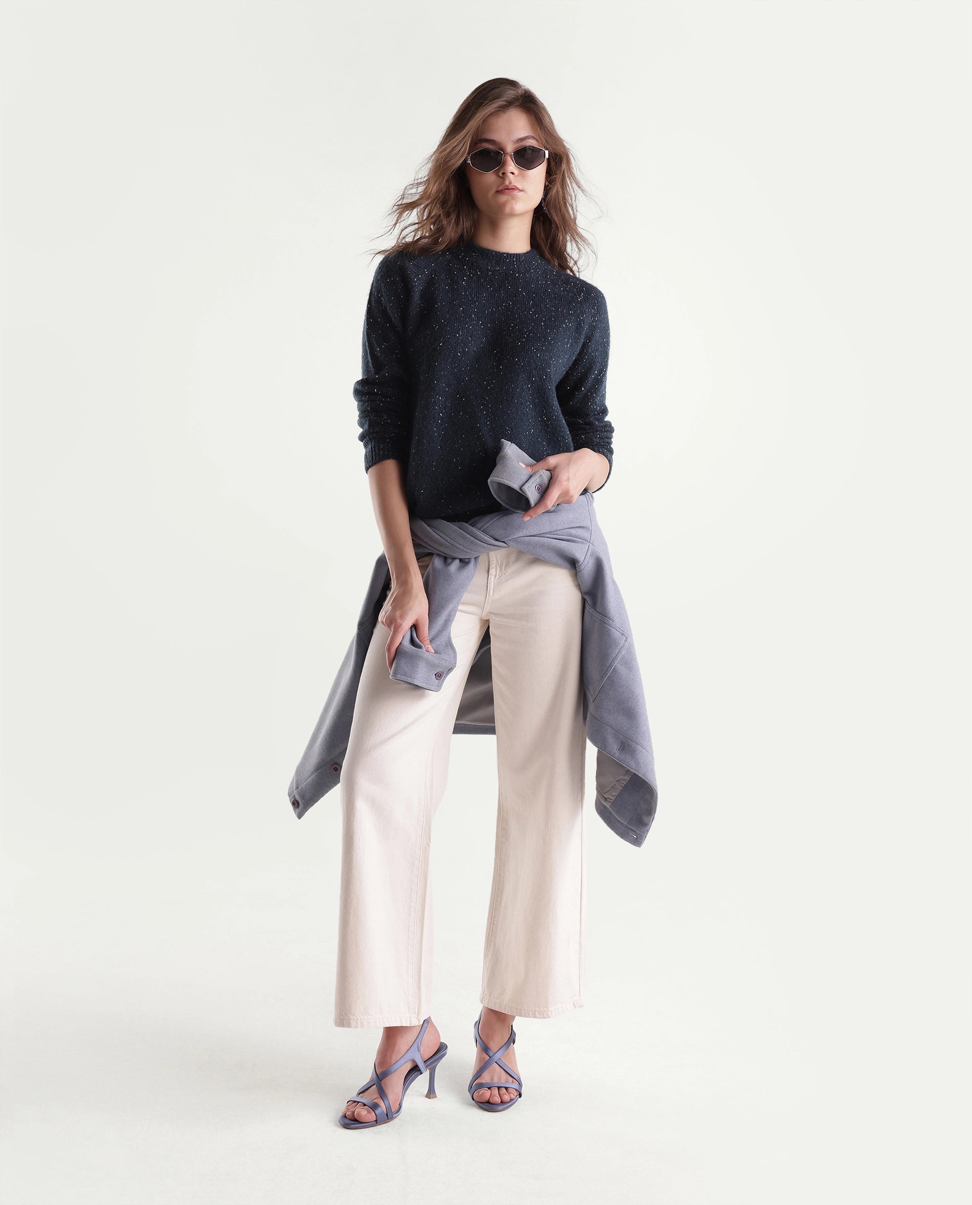 Rareism Women's Tinzolaw26 Dark Navy Acrylic Blend Pull-On Relaxed Fit Plain Sweater