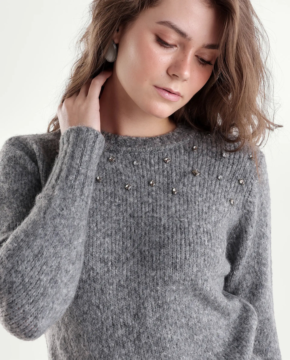 Rareism Women's Livay Light Grey Acrylic Blend Pull-On Regular Fit Plain Sweater