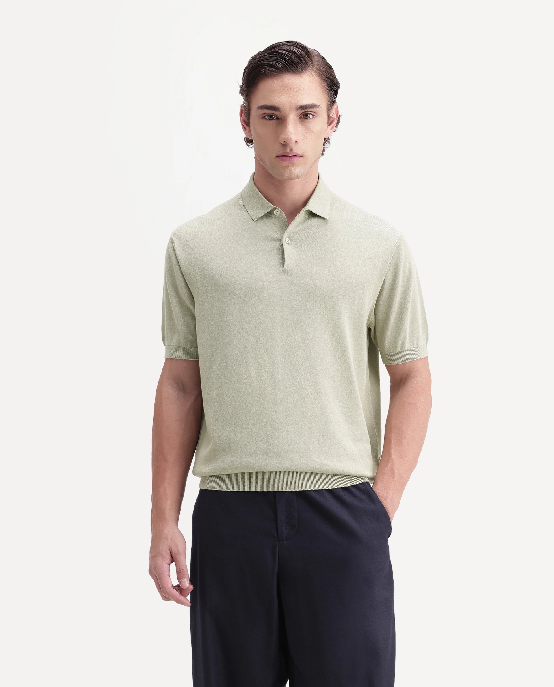 Rare Rabbit Men's Marti Dusky Green Cotton Spread Collar Regular Plain Polo