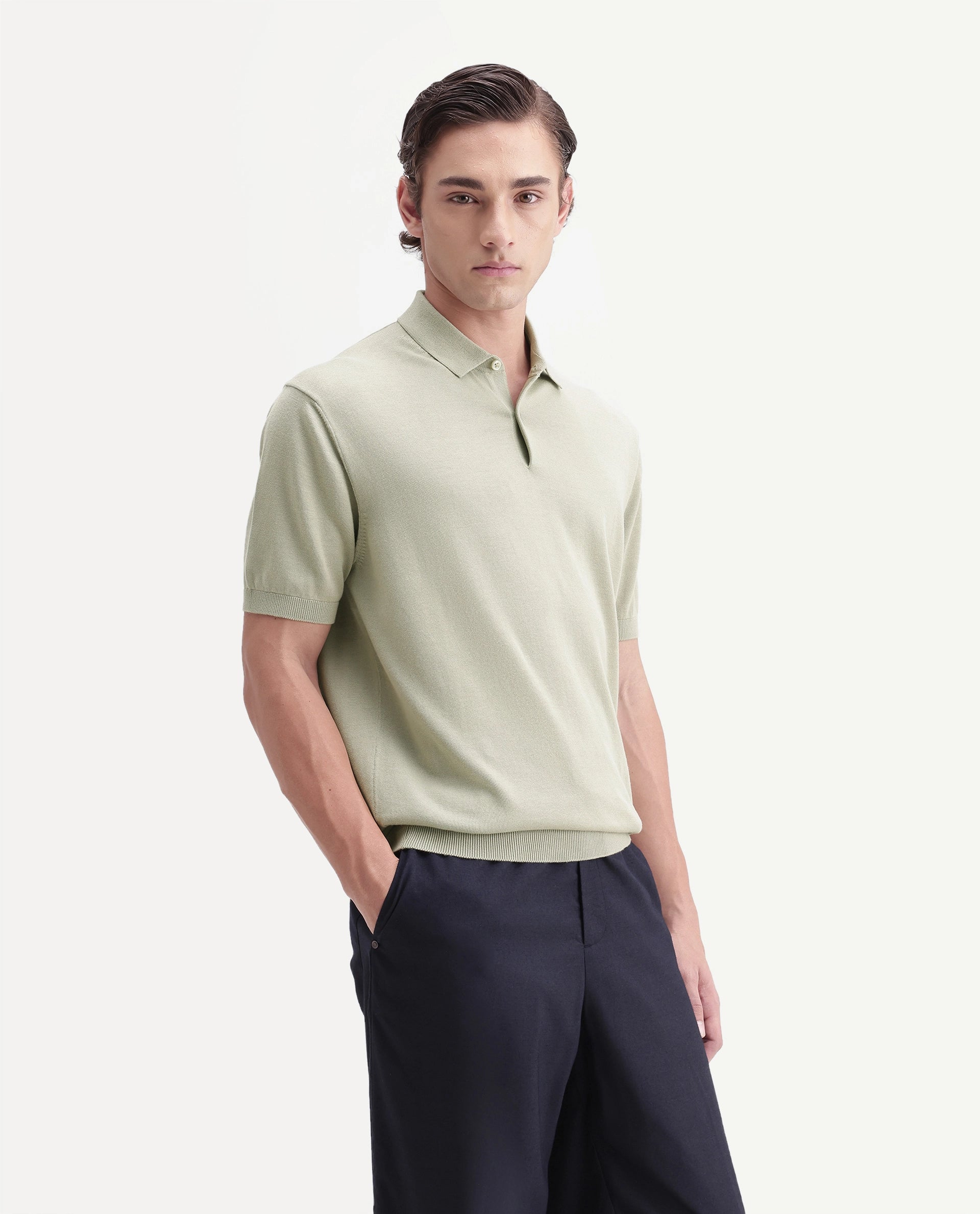 Rare Rabbit Men's Marti Dusky Green Cotton Spread Collar Regular Plain Polo