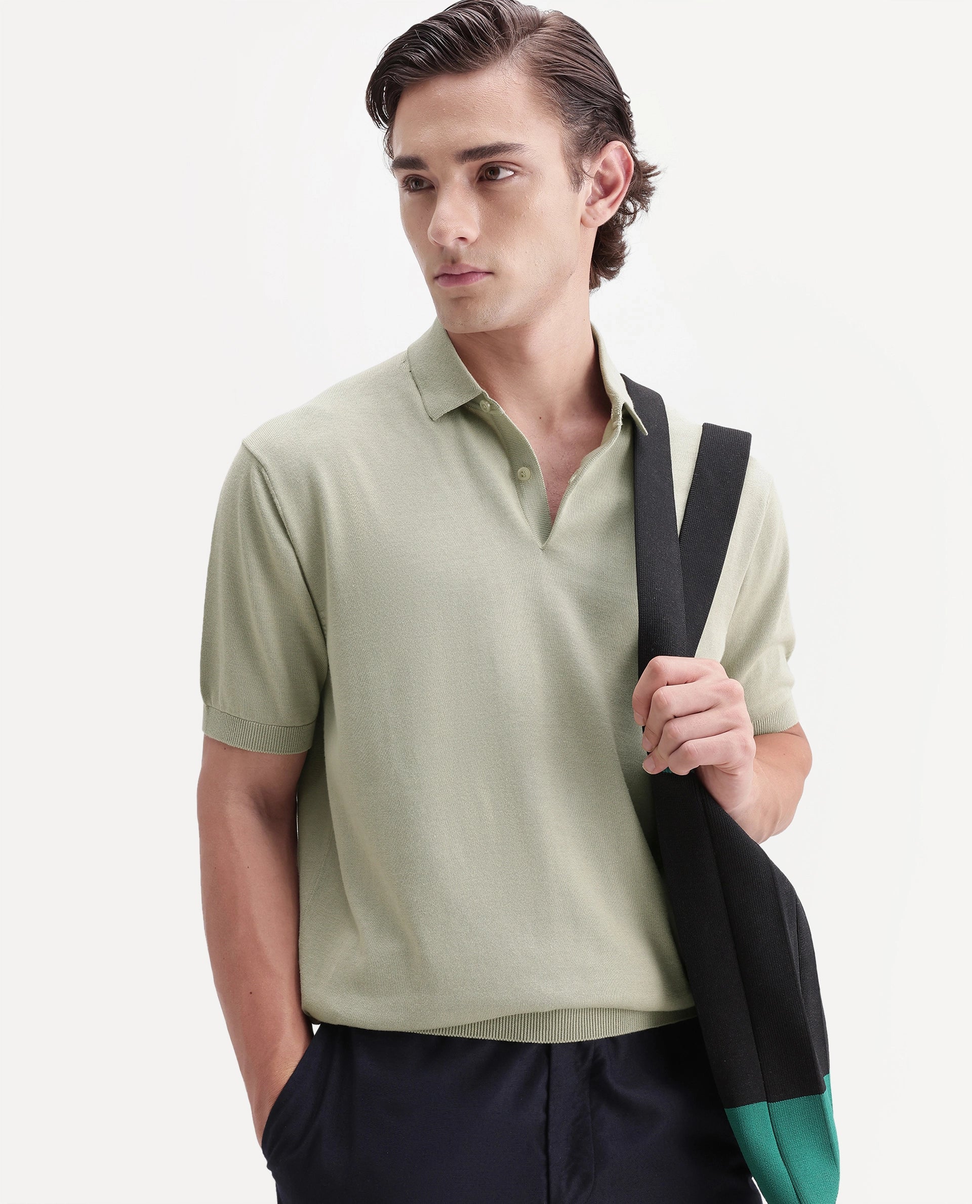 Rare Rabbit Men's Marti Dusky Green Cotton Spread Collar Regular Plain Polo
