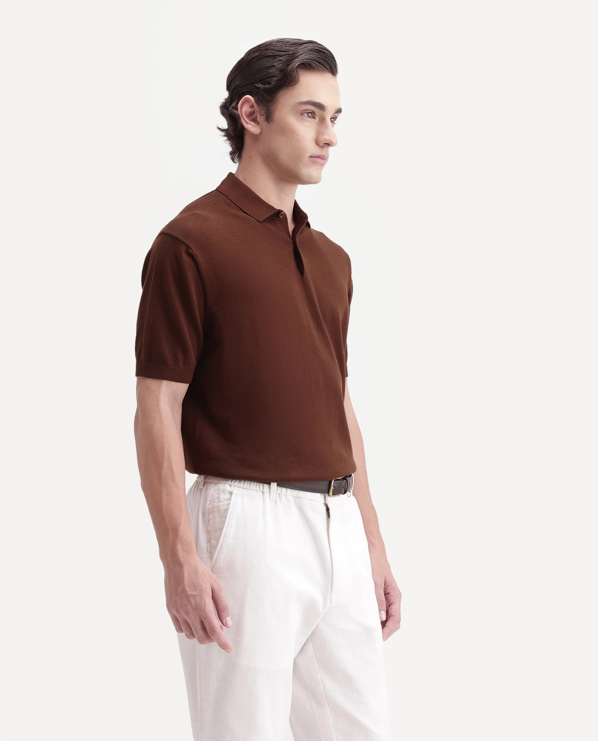 Rare Rabbit Men's Marti Rust Cotton Spread Collar Regular Plain Polo