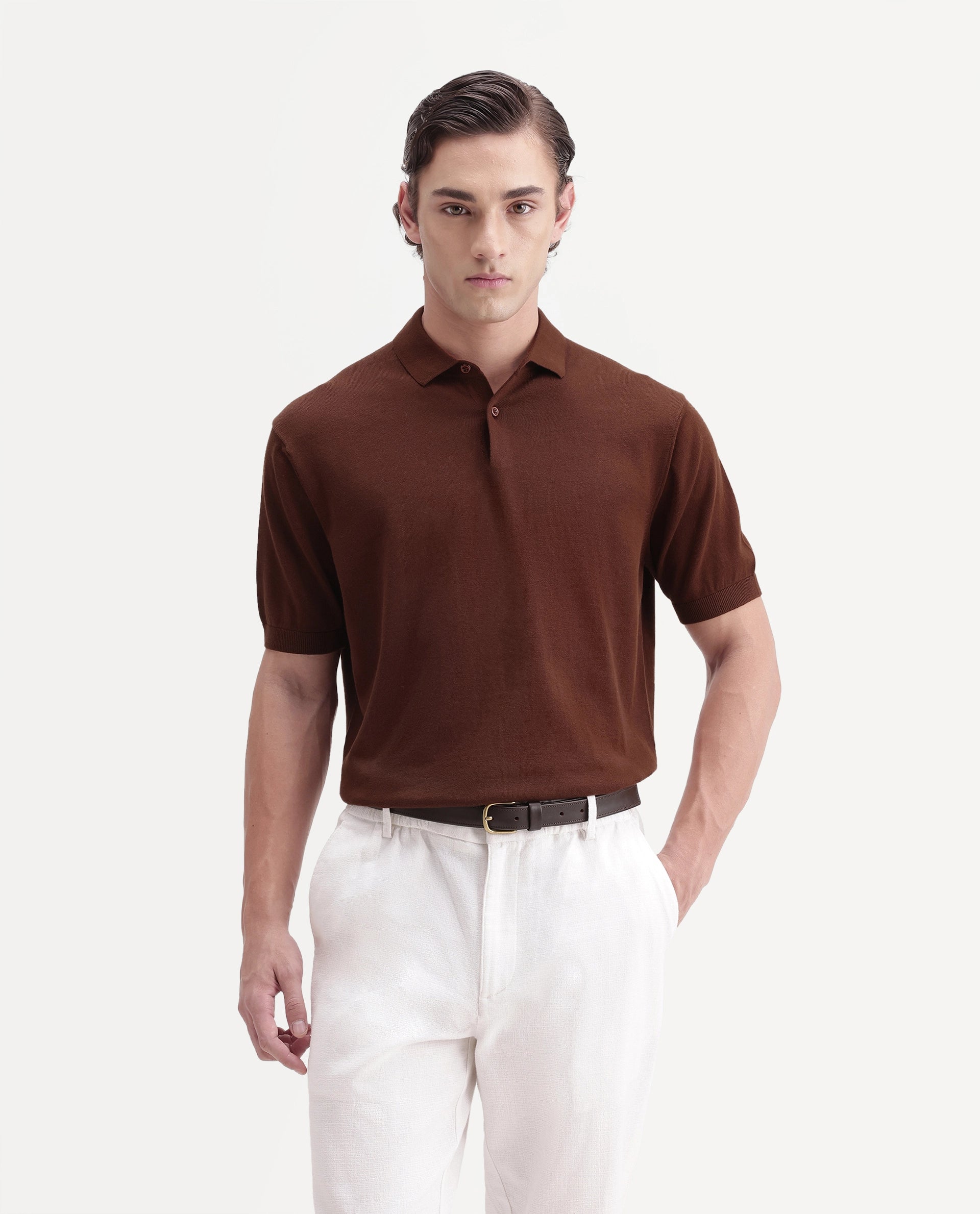 Rare Rabbit Men's Marti Rust Cotton Spread Collar Regular Plain Polo