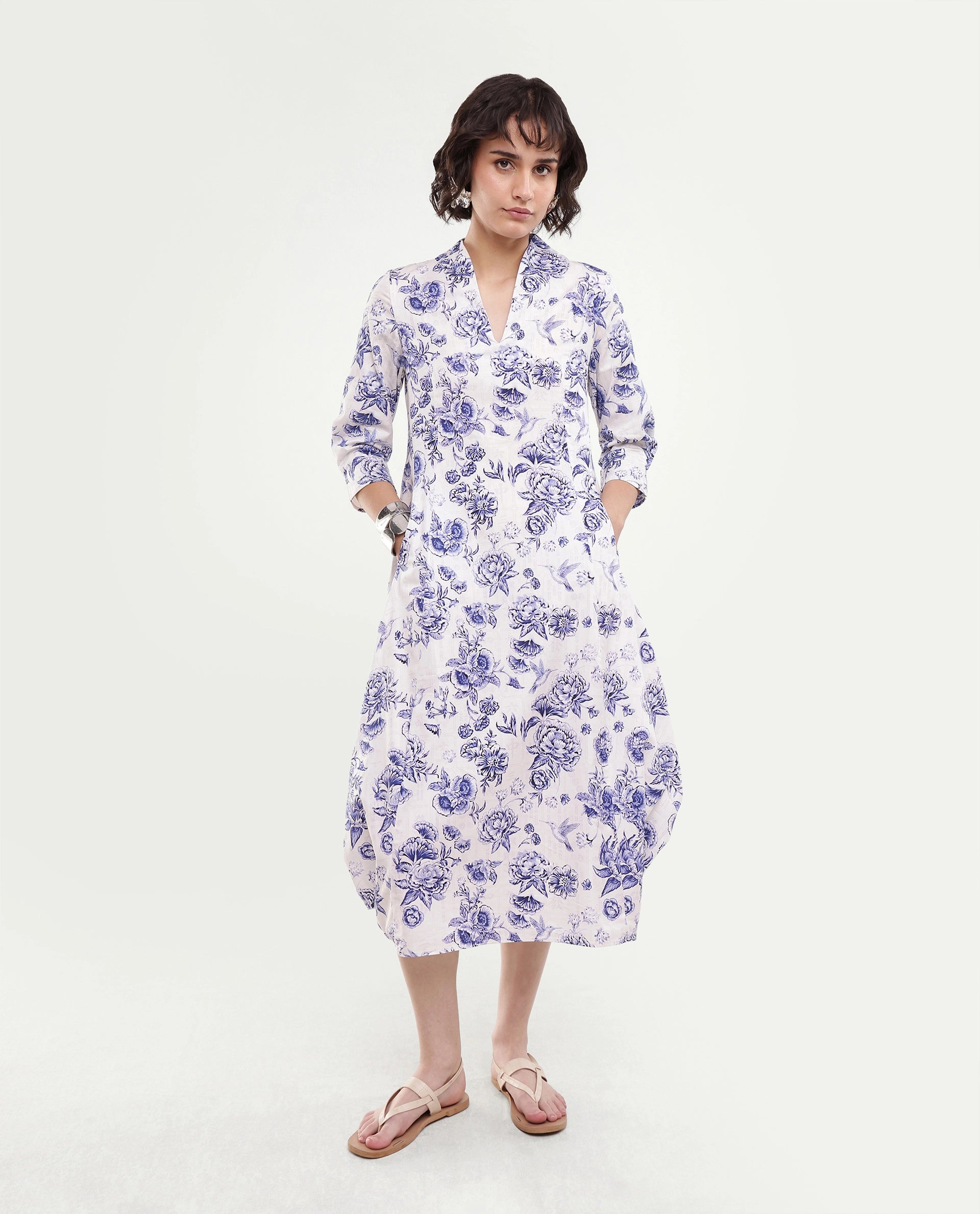 Rareism Women's Mandro Beige Floral Cotton A-Line Three Quarter Sleeve Dress