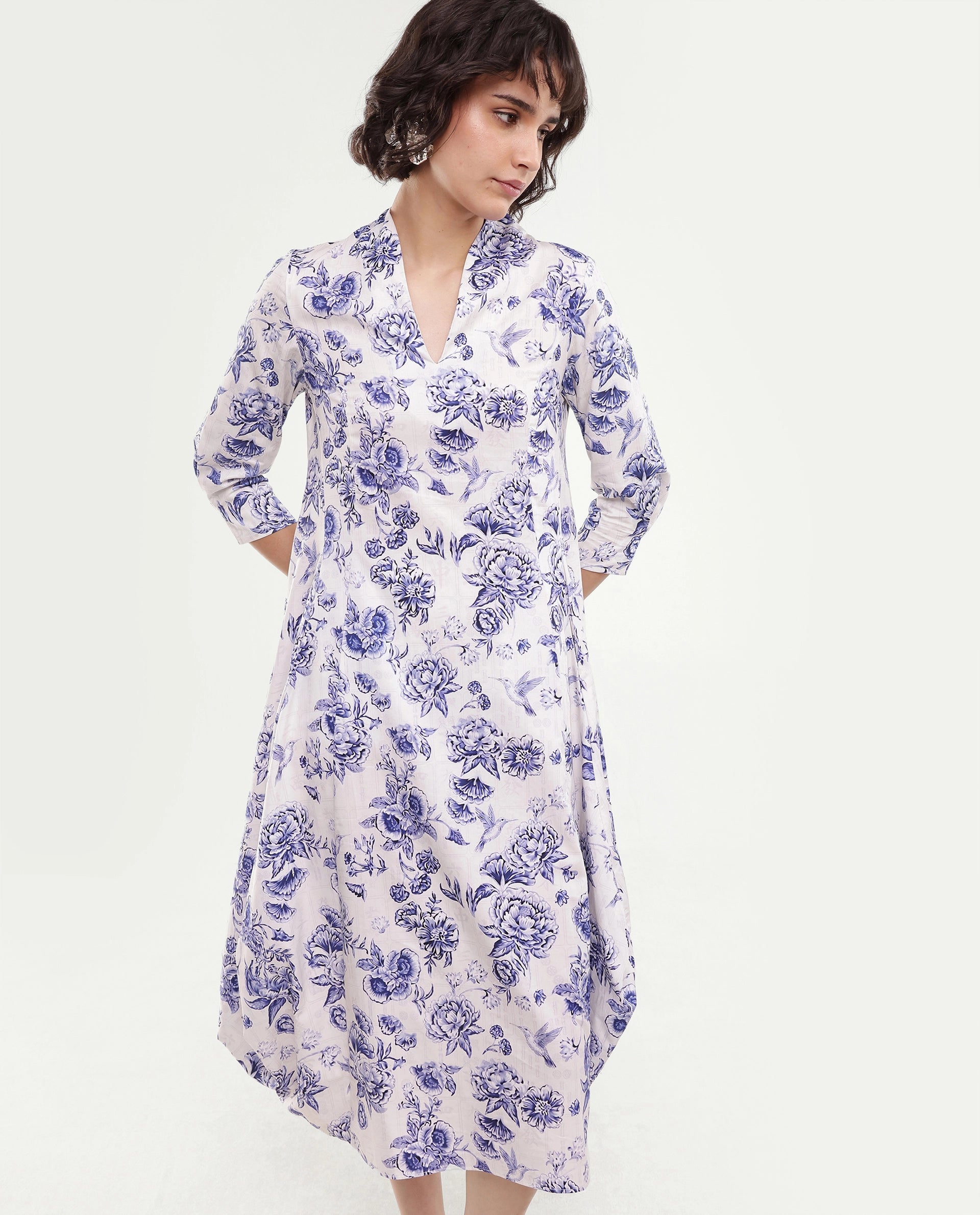 Rareism Women's Mandro Beige Floral Cotton A-Line Three Quarter Sleeve Dress