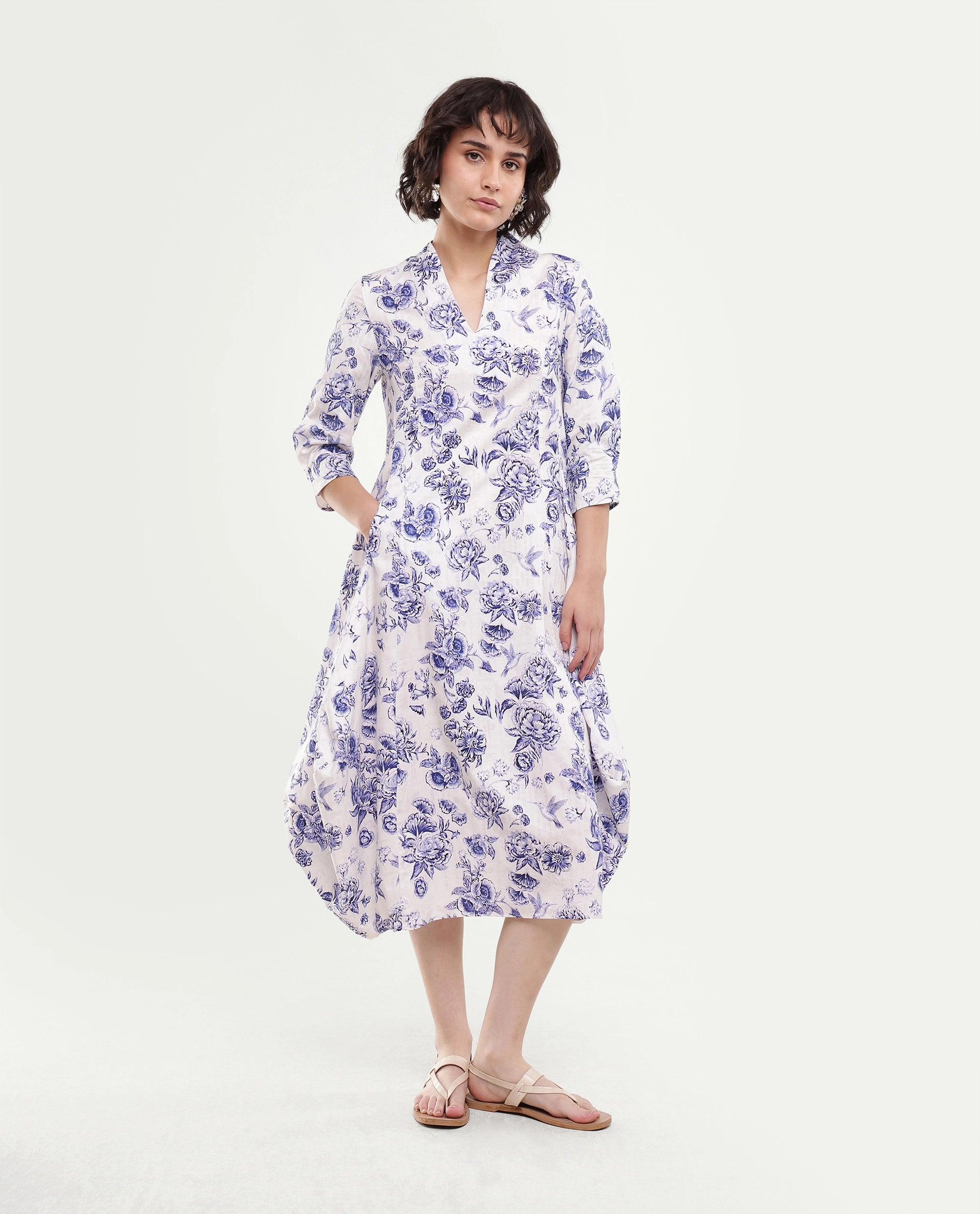 Rareism Women's Mandro Beige Floral Cotton A-Line Three Quarter Sleeve Dress