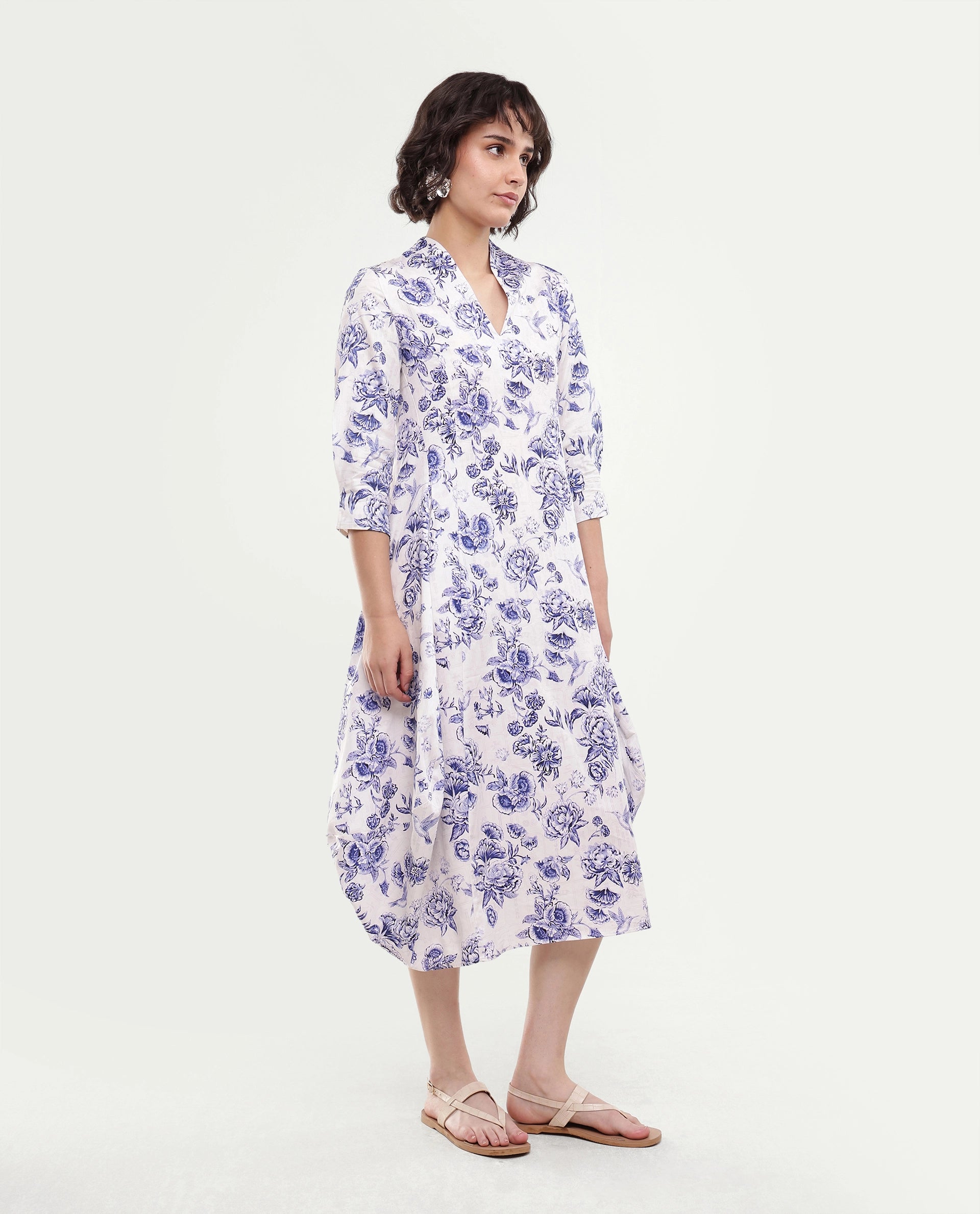 Rareism Women's Mandro Beige Floral Cotton A-Line Three Quarter Sleeve Dress