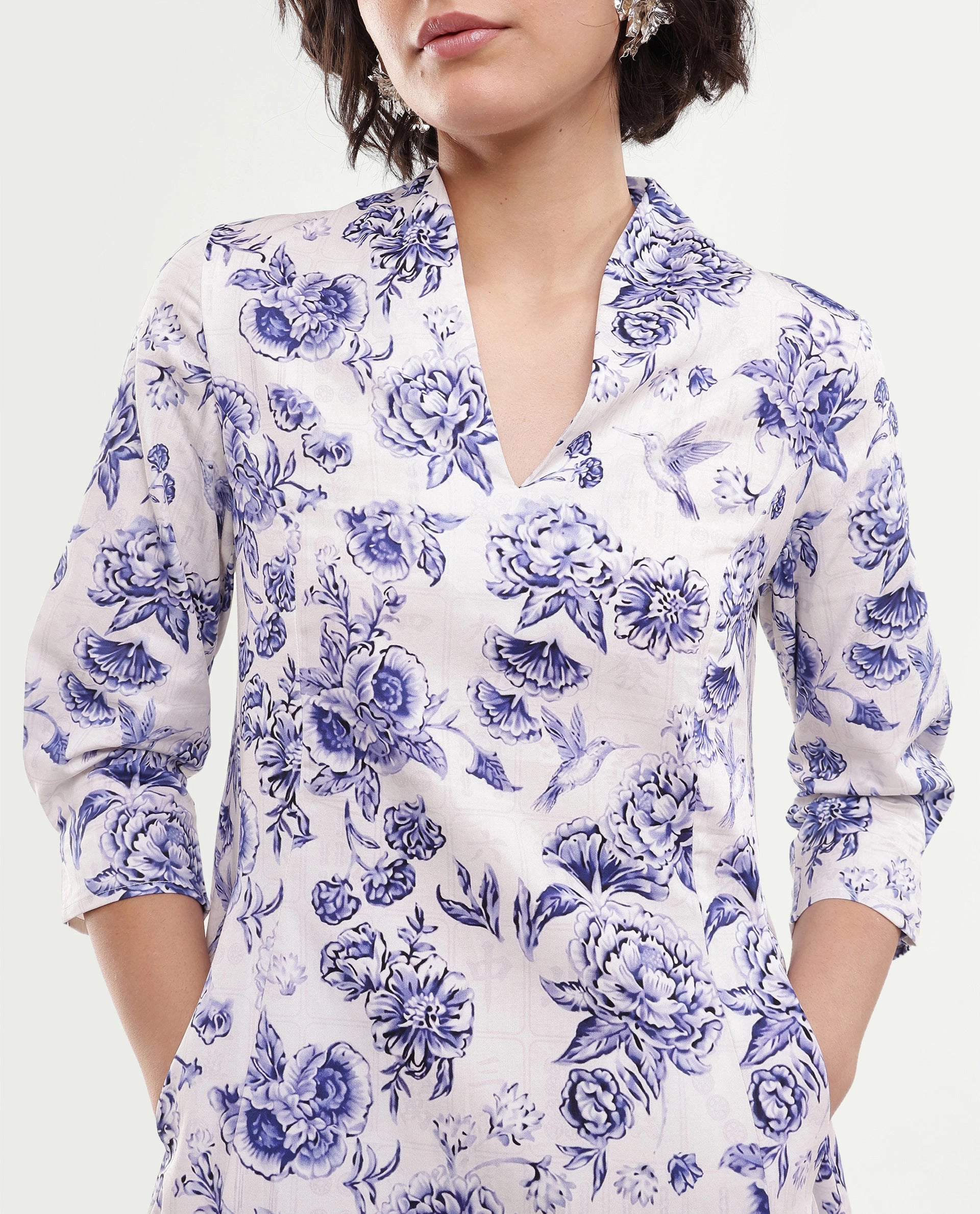 Rareism Women's Mandro Beige Floral Cotton A-Line Three Quarter Sleeve Dress