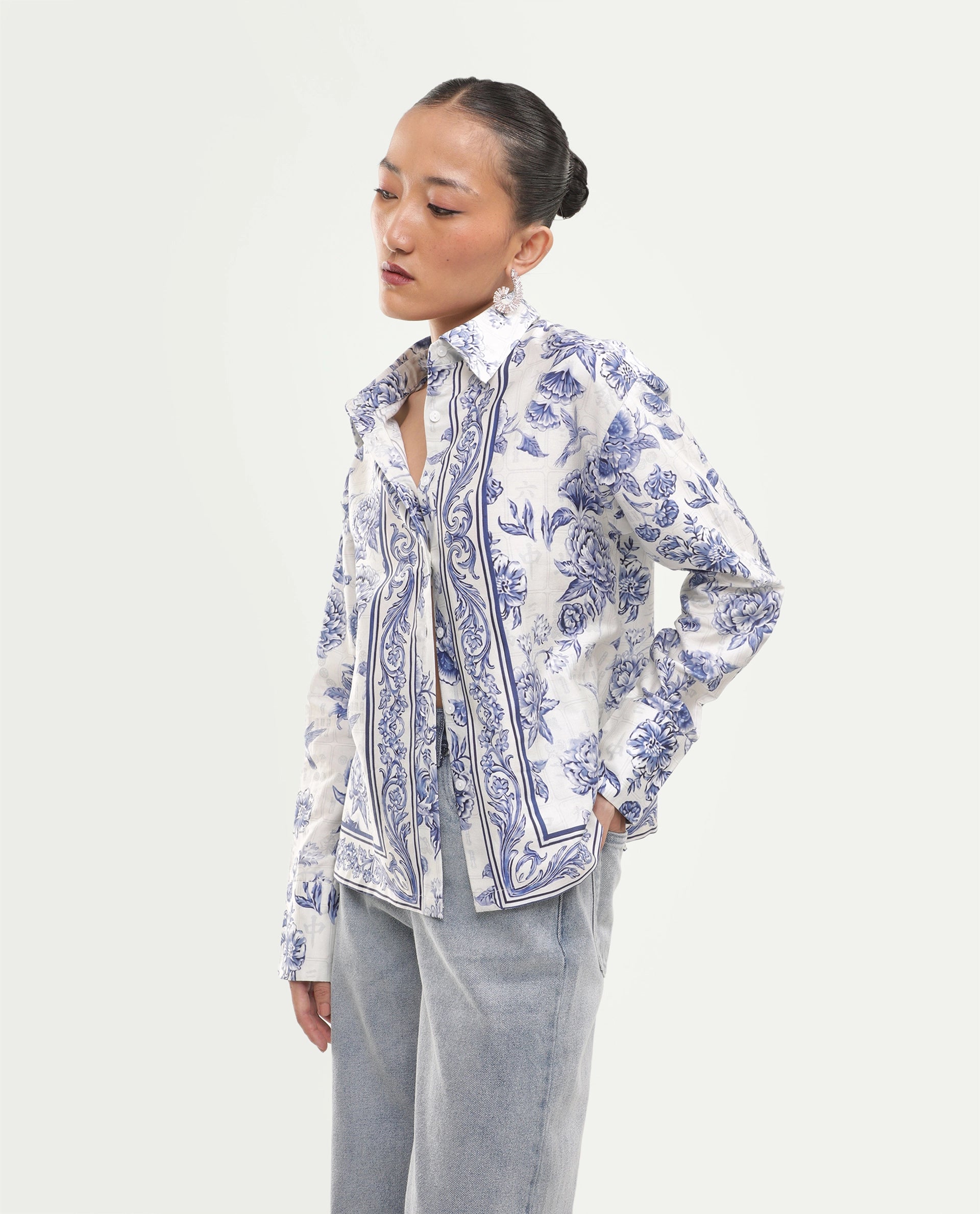Rareism Women's Mandro Beige Cotton Button Relaxed Fit Floral Print Shirt
