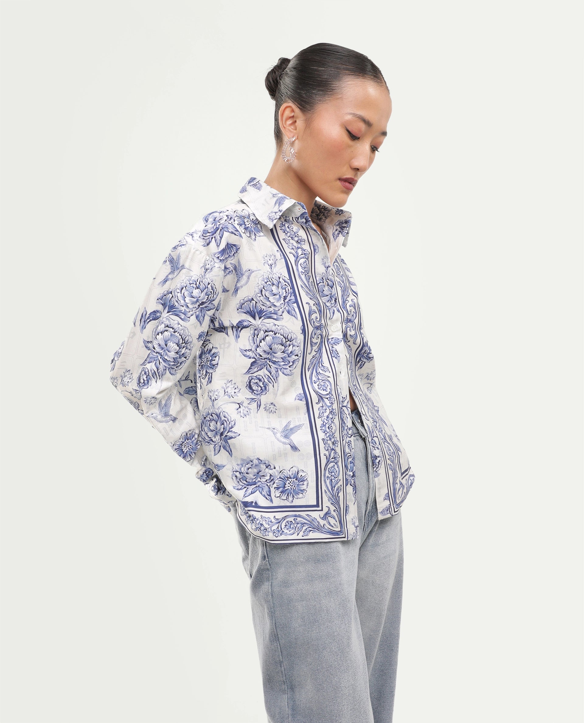 Rareism Women's Mandro Beige Cotton Button Relaxed Fit Floral Print Shirt