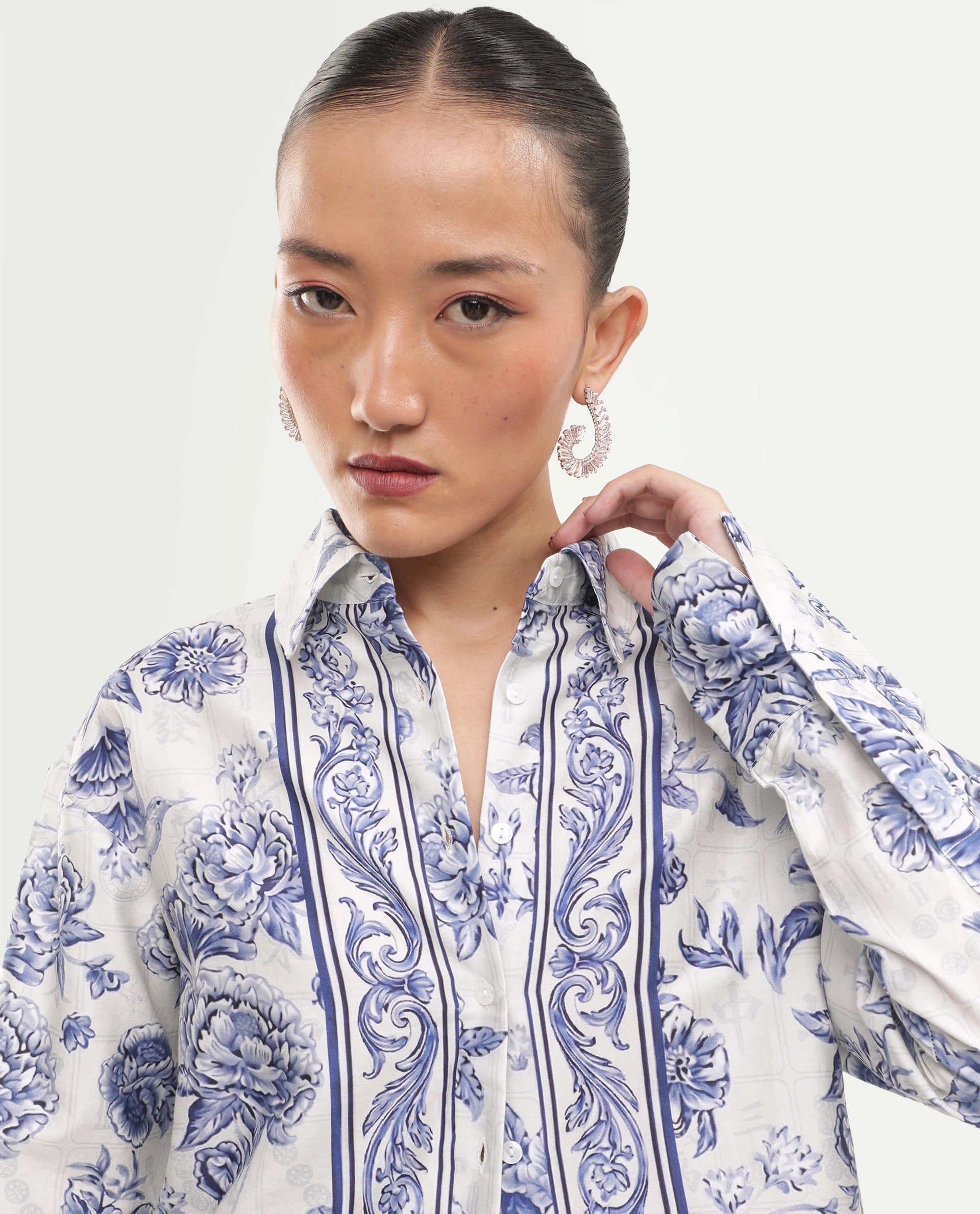Rareism Women's Mandro Beige Cotton Button Relaxed Fit Floral Print Shirt