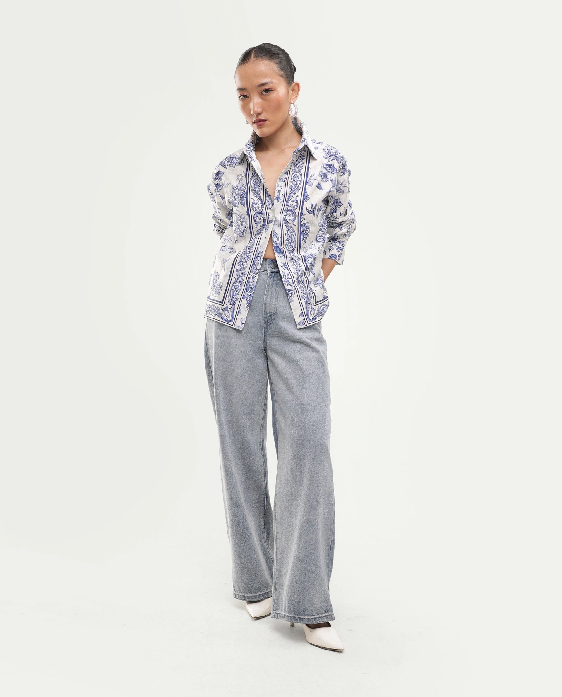 Rareism Women's Mandro Beige Cotton Button Relaxed Fit Floral Print Shirt
