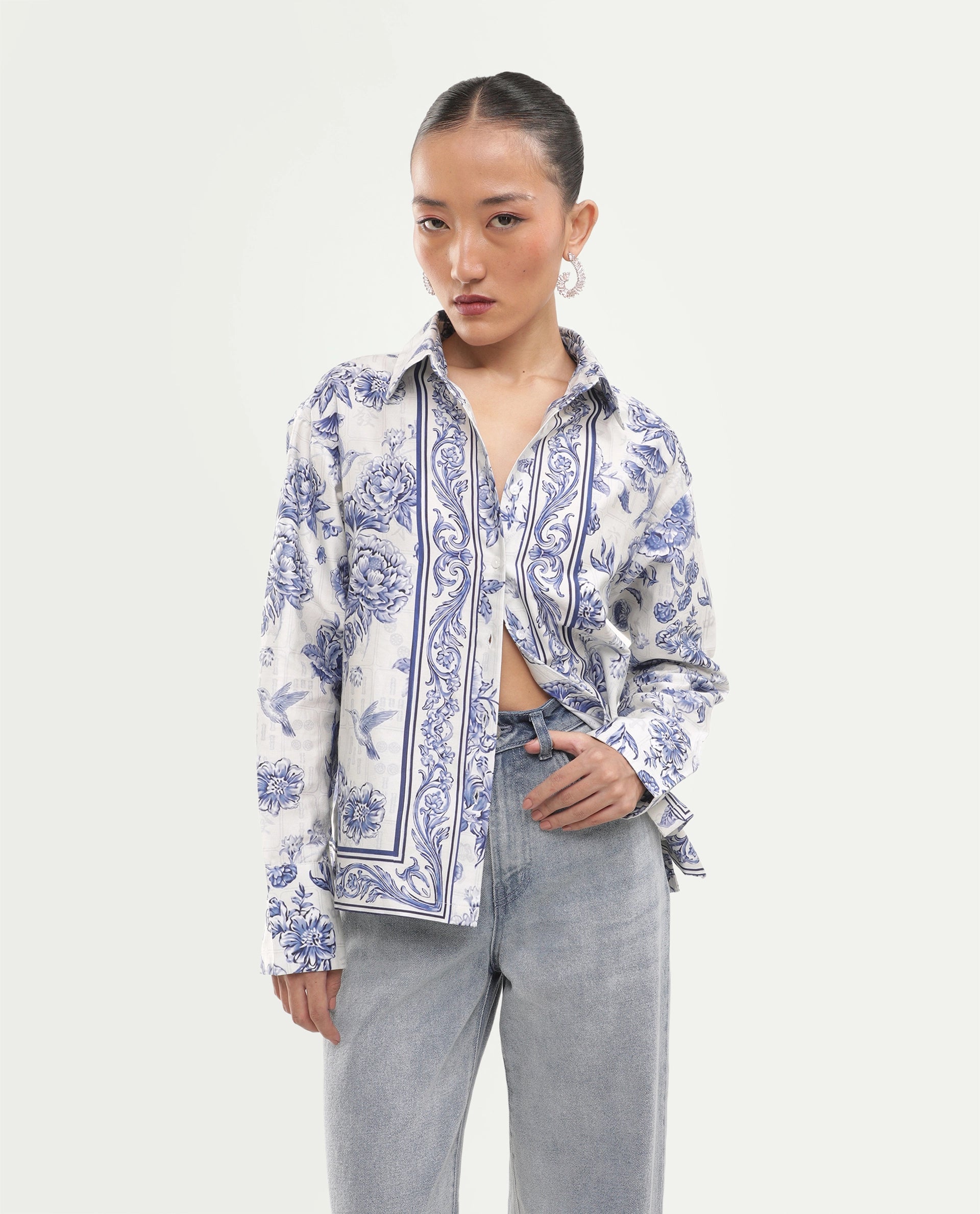 Rareism Women's Mandro Beige Cotton Button Relaxed Fit Floral Print Shirt