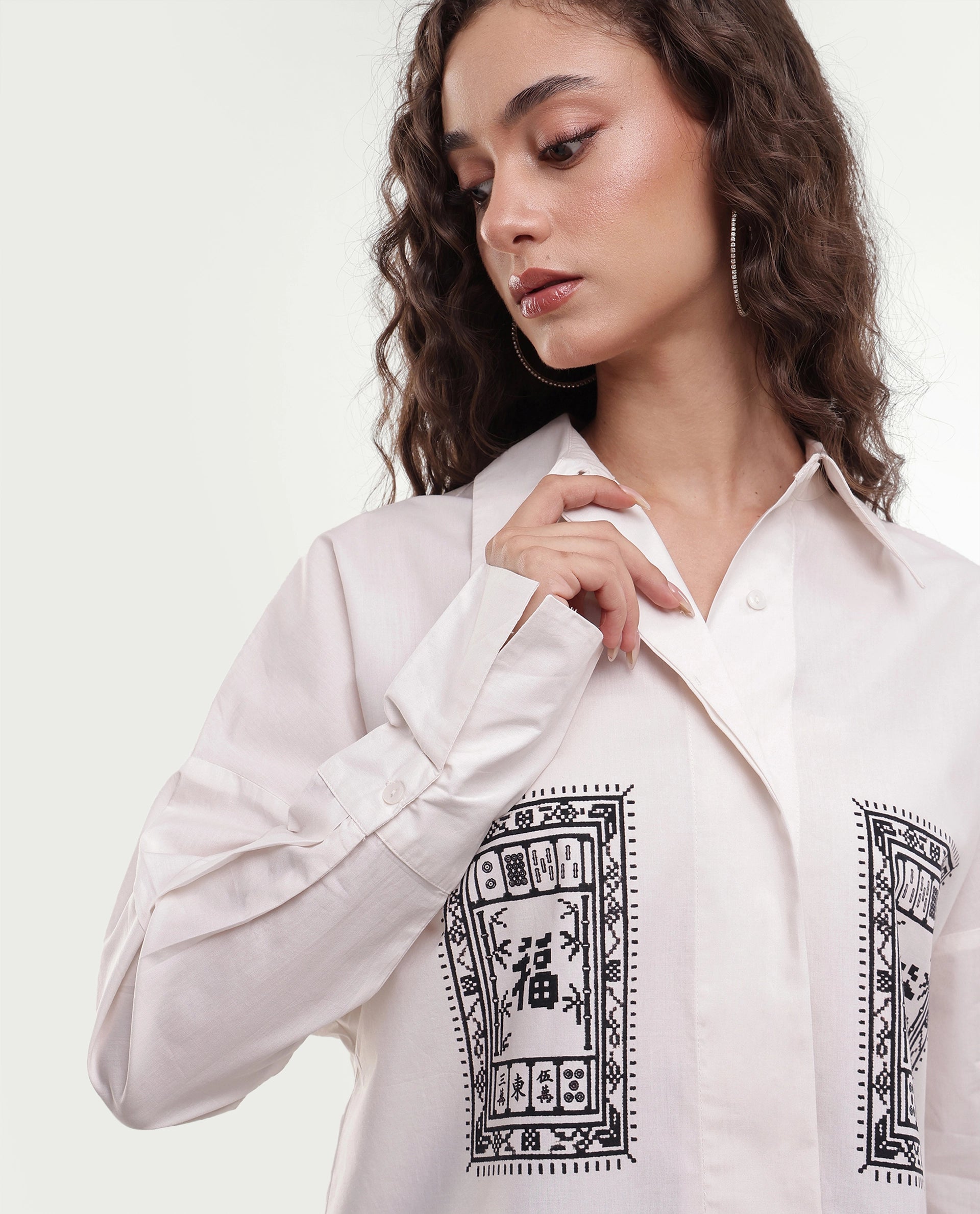 Rareism Women's Moni Beige Cotton Button Relaxed Fit Shirt