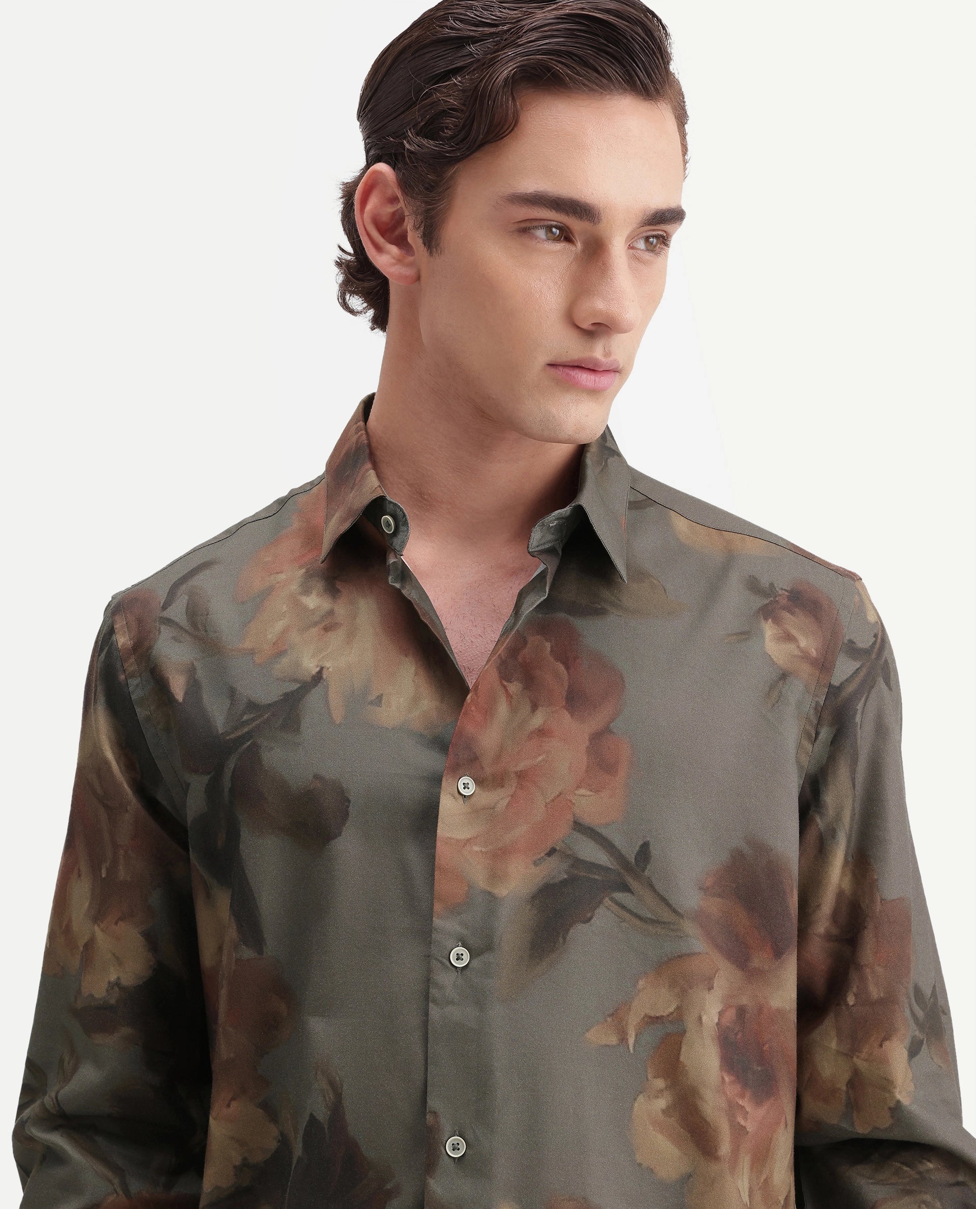 Rare Rabbit Men's Gardo Dusky Blue Cotton Blend Button Regular Fit Floral Print Shirt