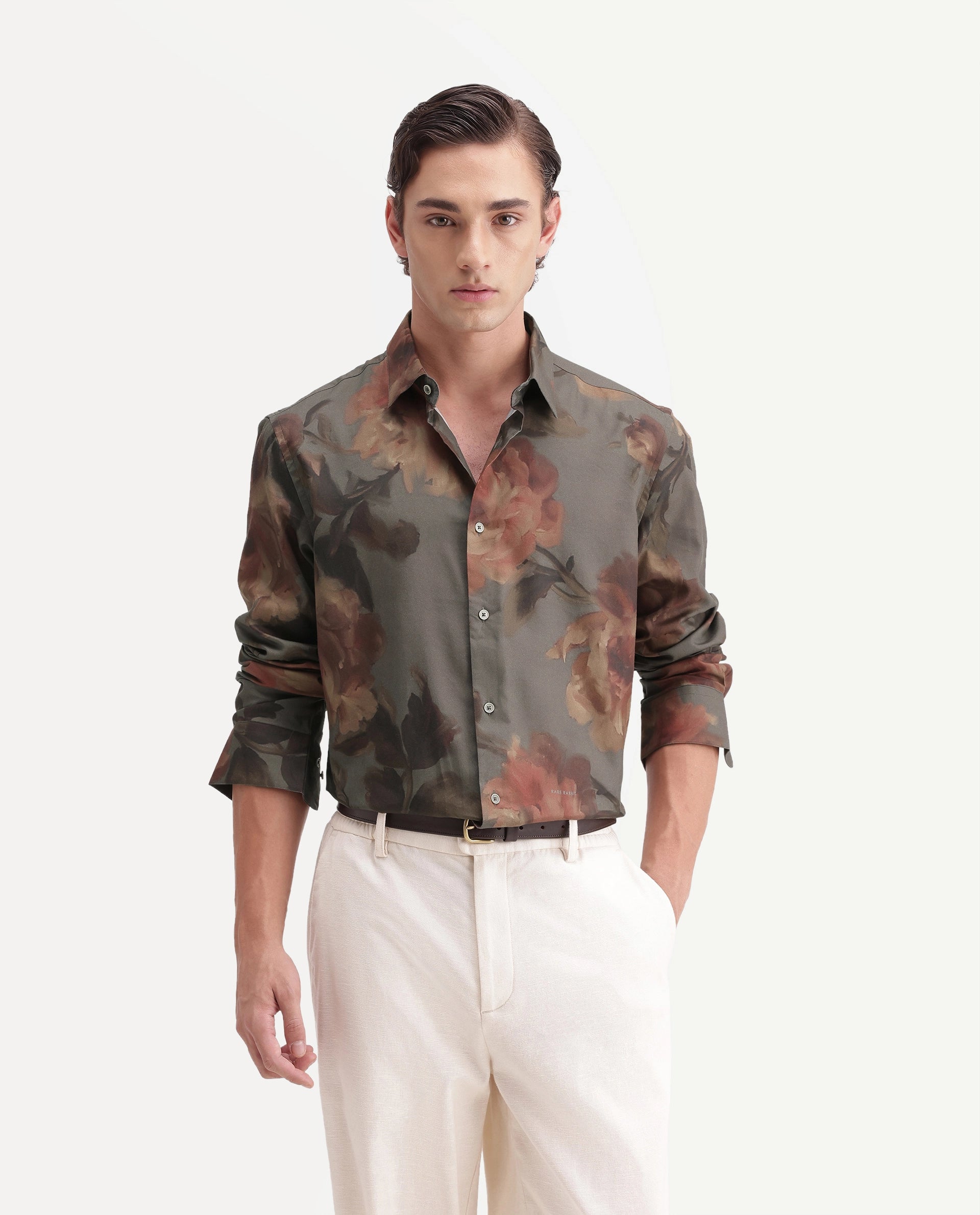 Rare Rabbit Men's Gardo Dusky Blue Cotton Blend Button Regular Fit Floral Print Shirt