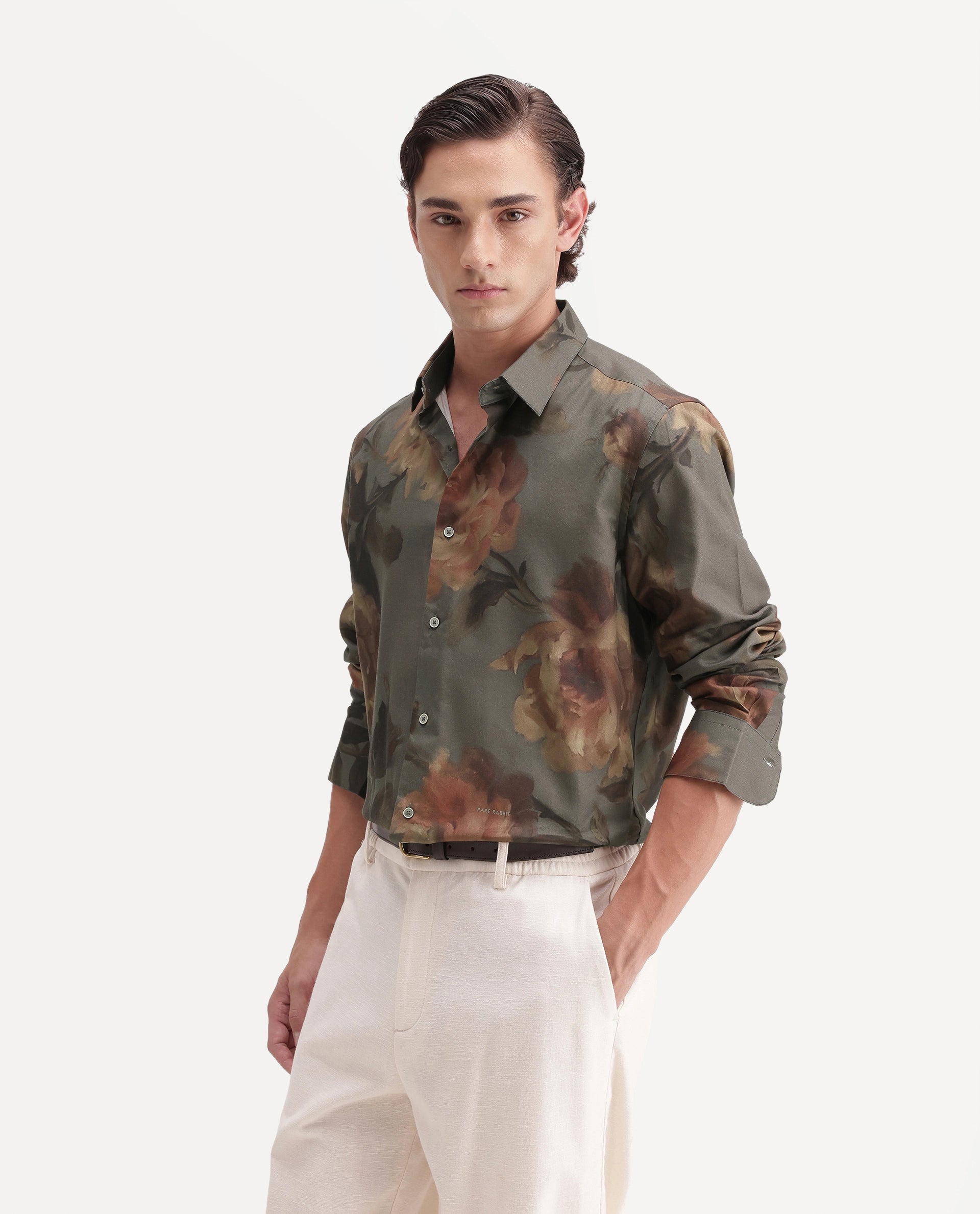 Rare Rabbit Men's Gardo Dusky Blue Cotton Blend Button Regular Fit Floral Print Shirt