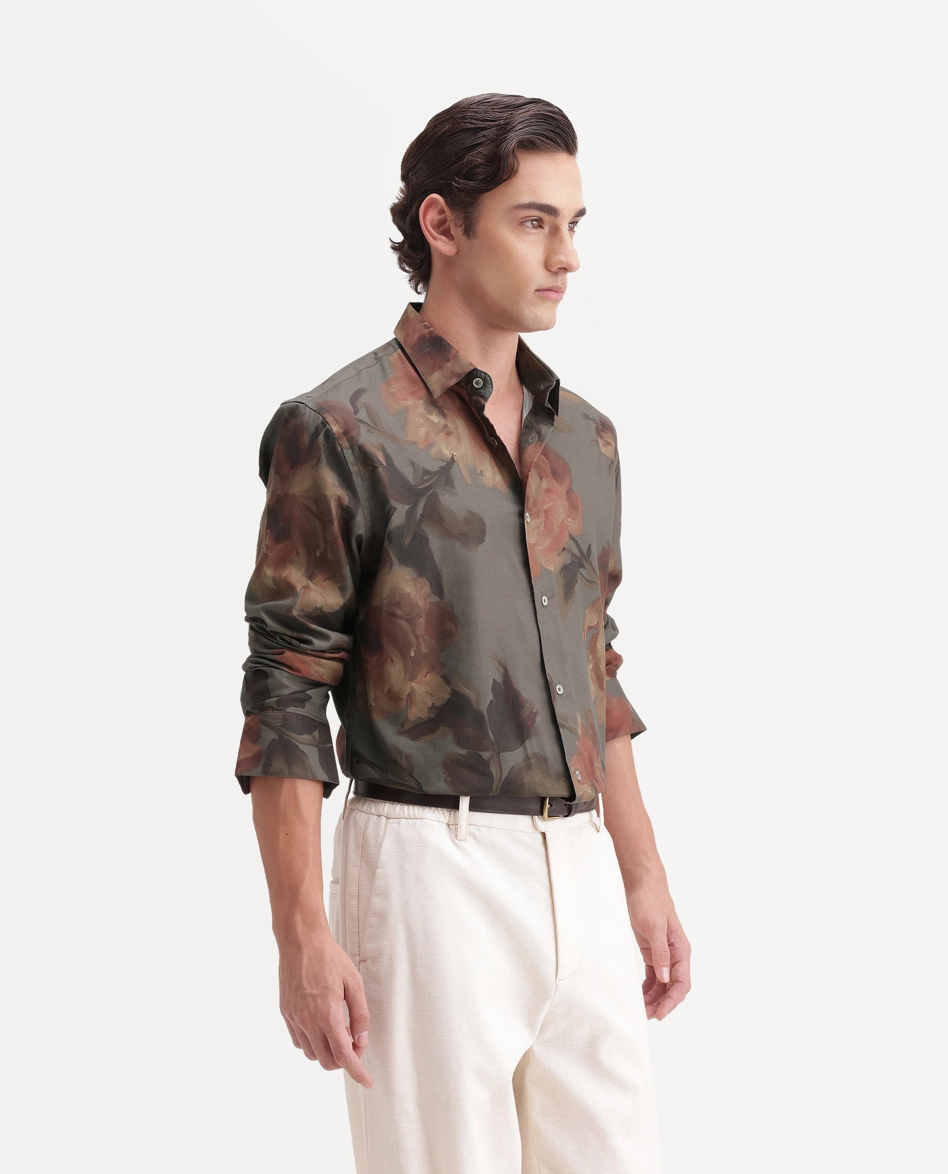Rare Rabbit Men's Gardo Dusky Blue Cotton Blend Button Regular Fit Floral Print Shirt