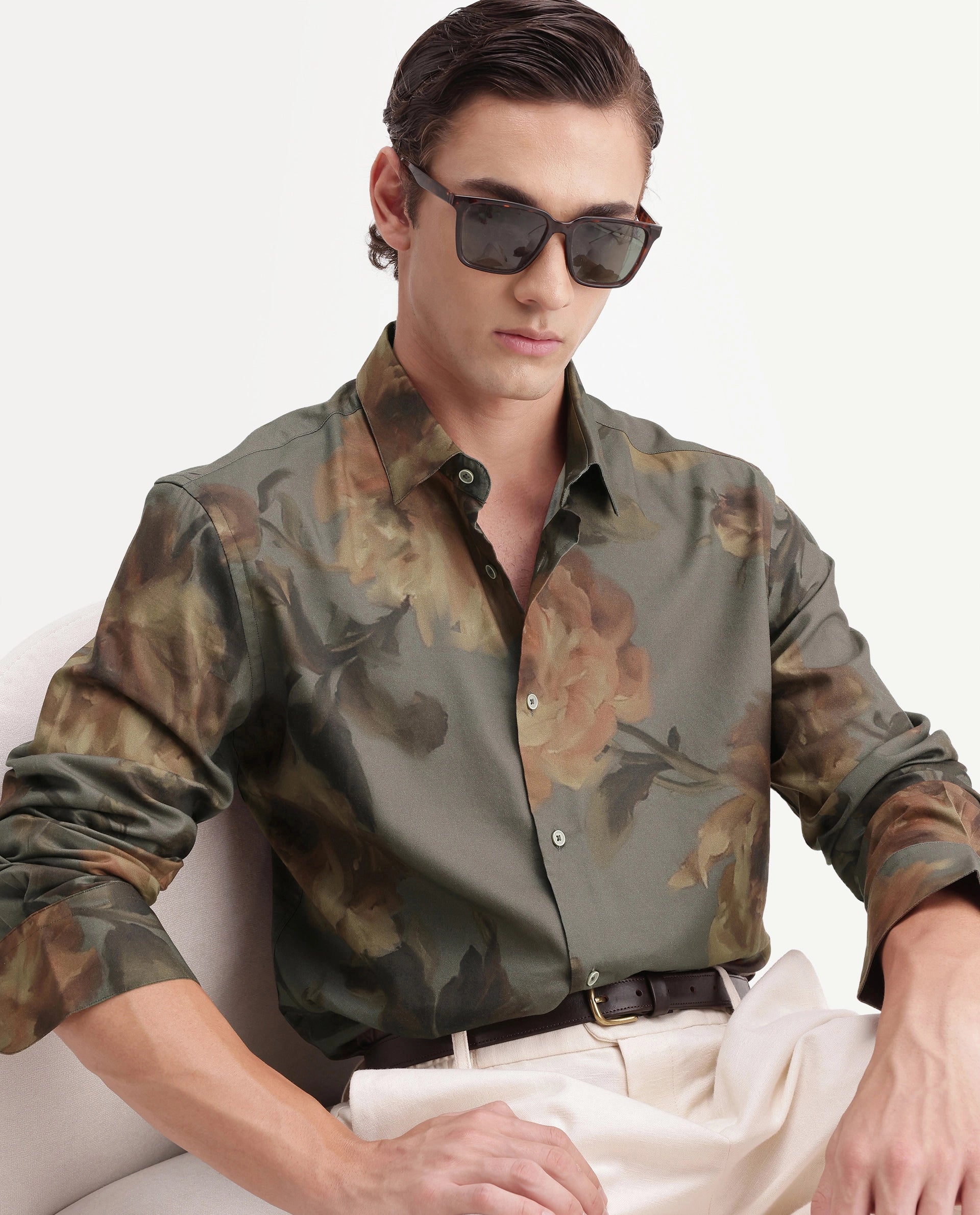 Rare Rabbit Men's Gardo Dusky Blue Cotton Blend Button Regular Fit Floral Print Shirt