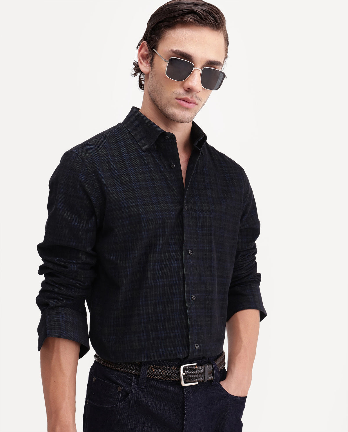 Rare Rabbit Men's Hagg Navy Cotton Button Regular Fit Checked Shirt
